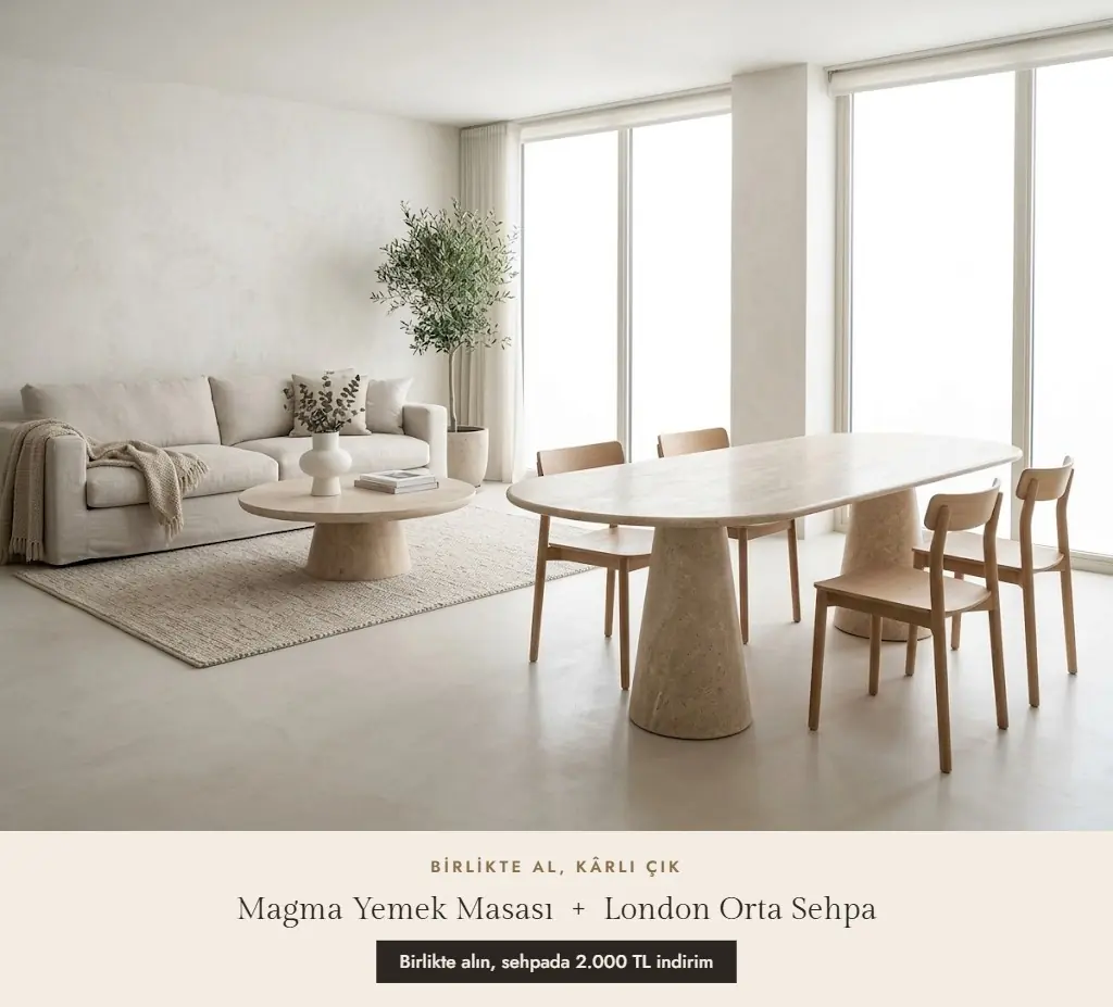 Magma traverten yemek masası ve London traverten orta sehpa aynı salonda