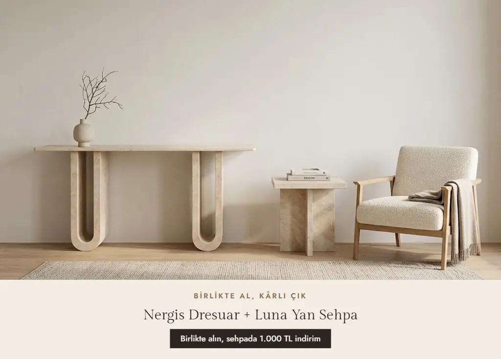 Nergis traverten dresuar ve Luna traverten yan sehpa aynı salonda