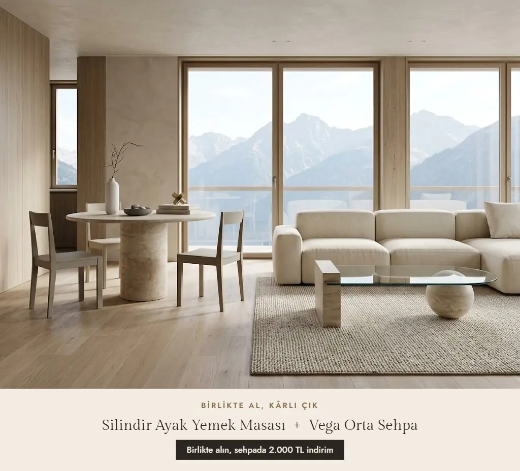 Silindir Ayak traverten yemek masası ve Vega camlı traverten orta sehpa aynı salonda