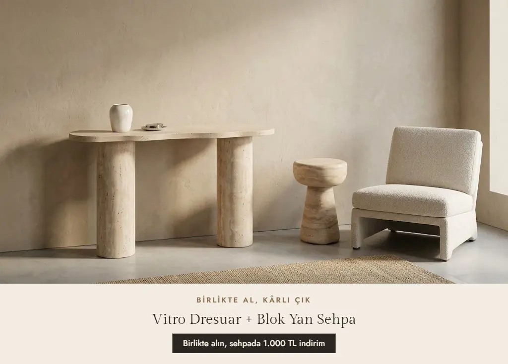 Vitro traverten dresuar ve Blok traverten yan sehpa aynı salonda