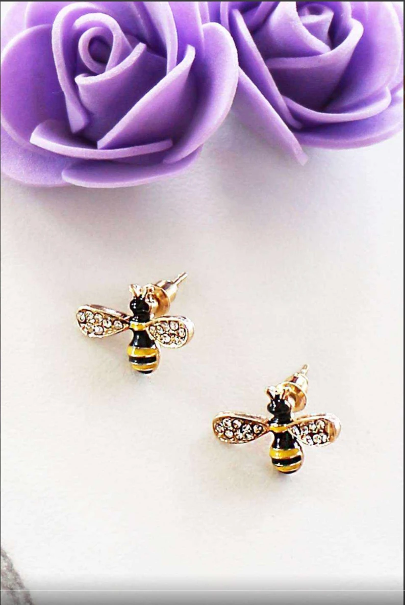 Altın Renk Arı Figürlü Taşlı Küpe (Çift)