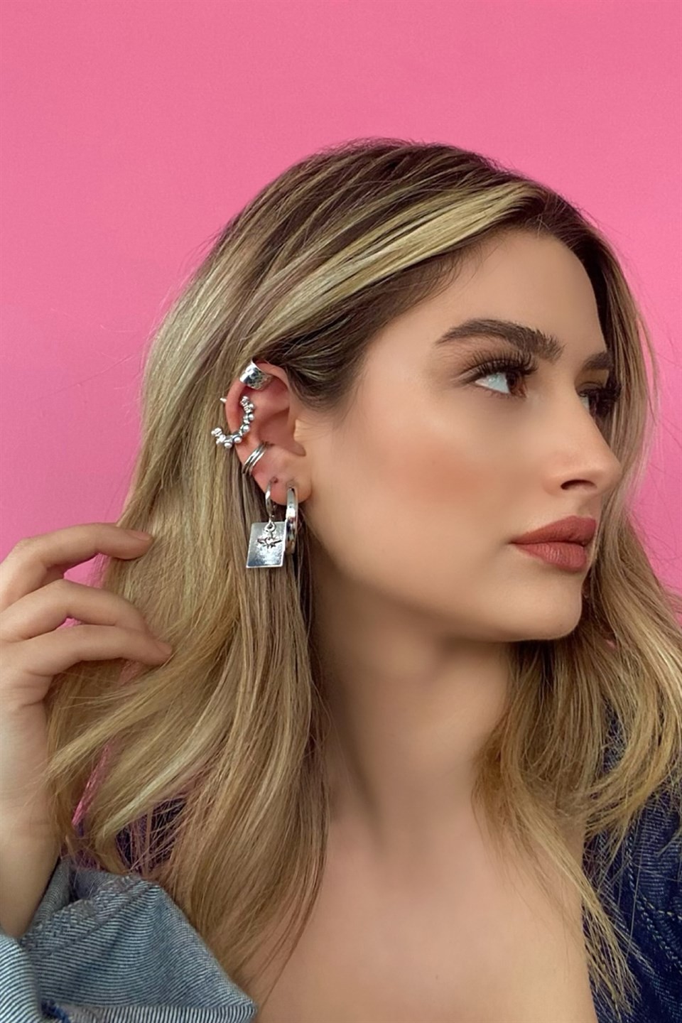 7 Parça Gümüş Renk Çelik Ear Cuff Küpe Set