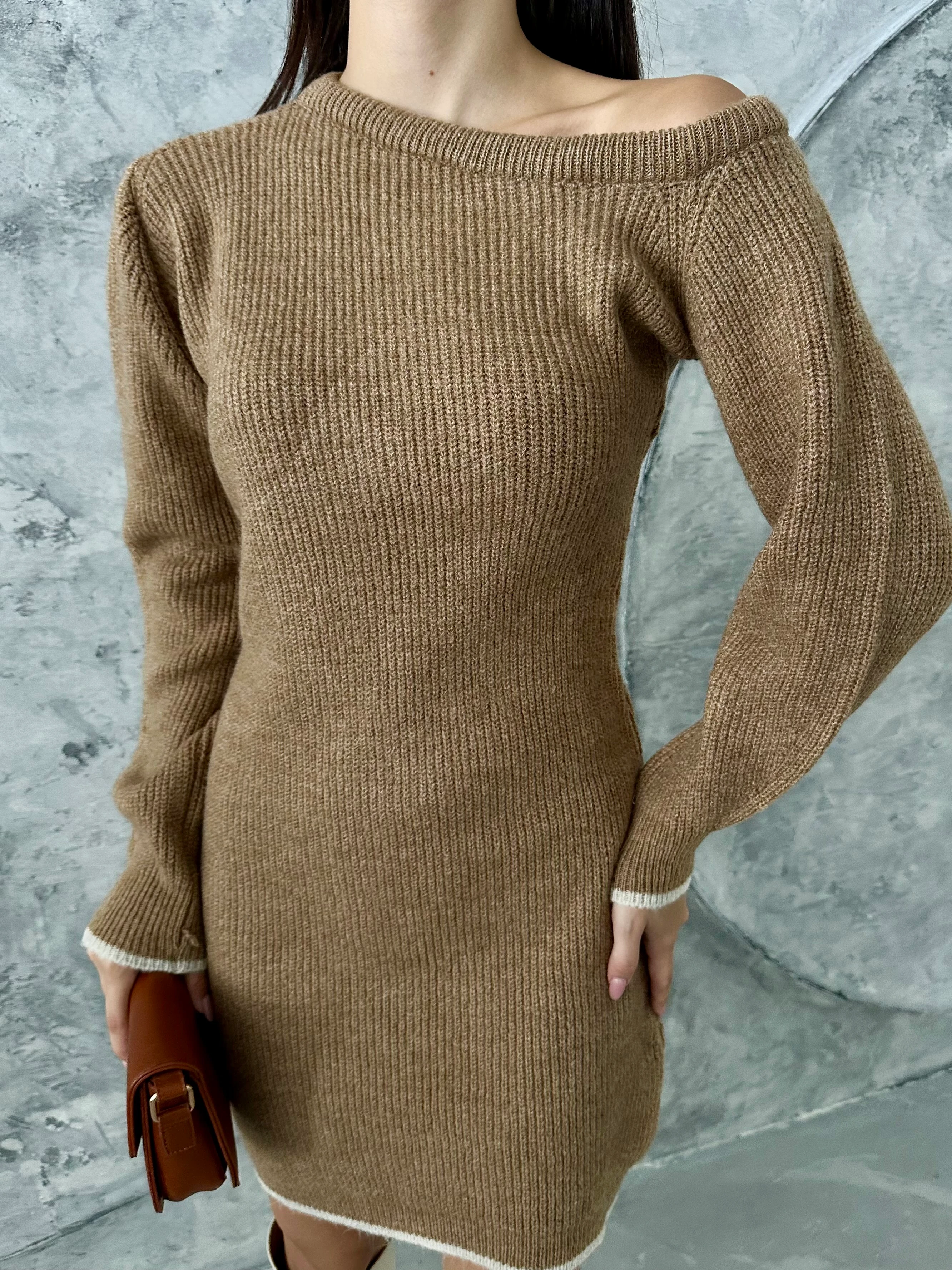 YARIM AY ŞARDONLU ELBİSE - Karamel