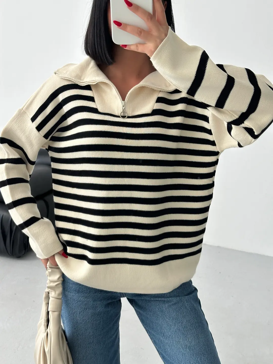 HİLTON YAKALI FERMUARLI KAZAK - Ten