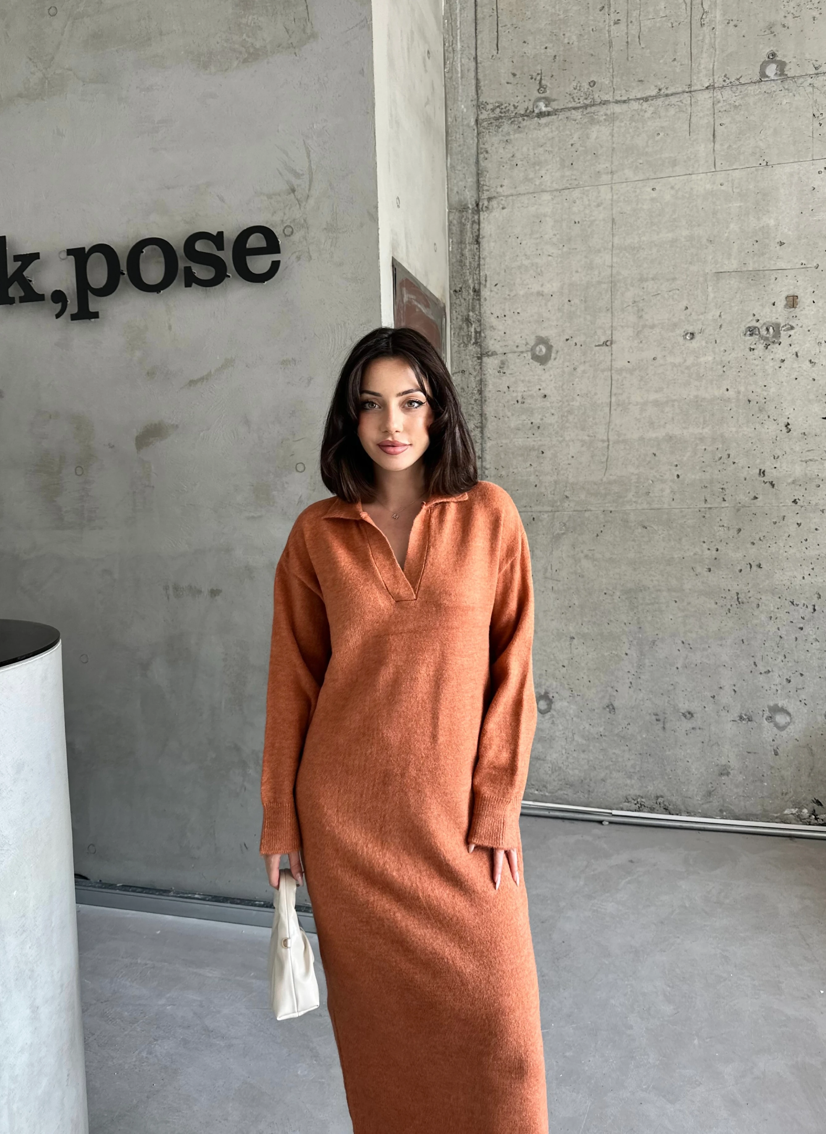 POLO YAKA ŞARDONLU ELBİSE - Kiremit