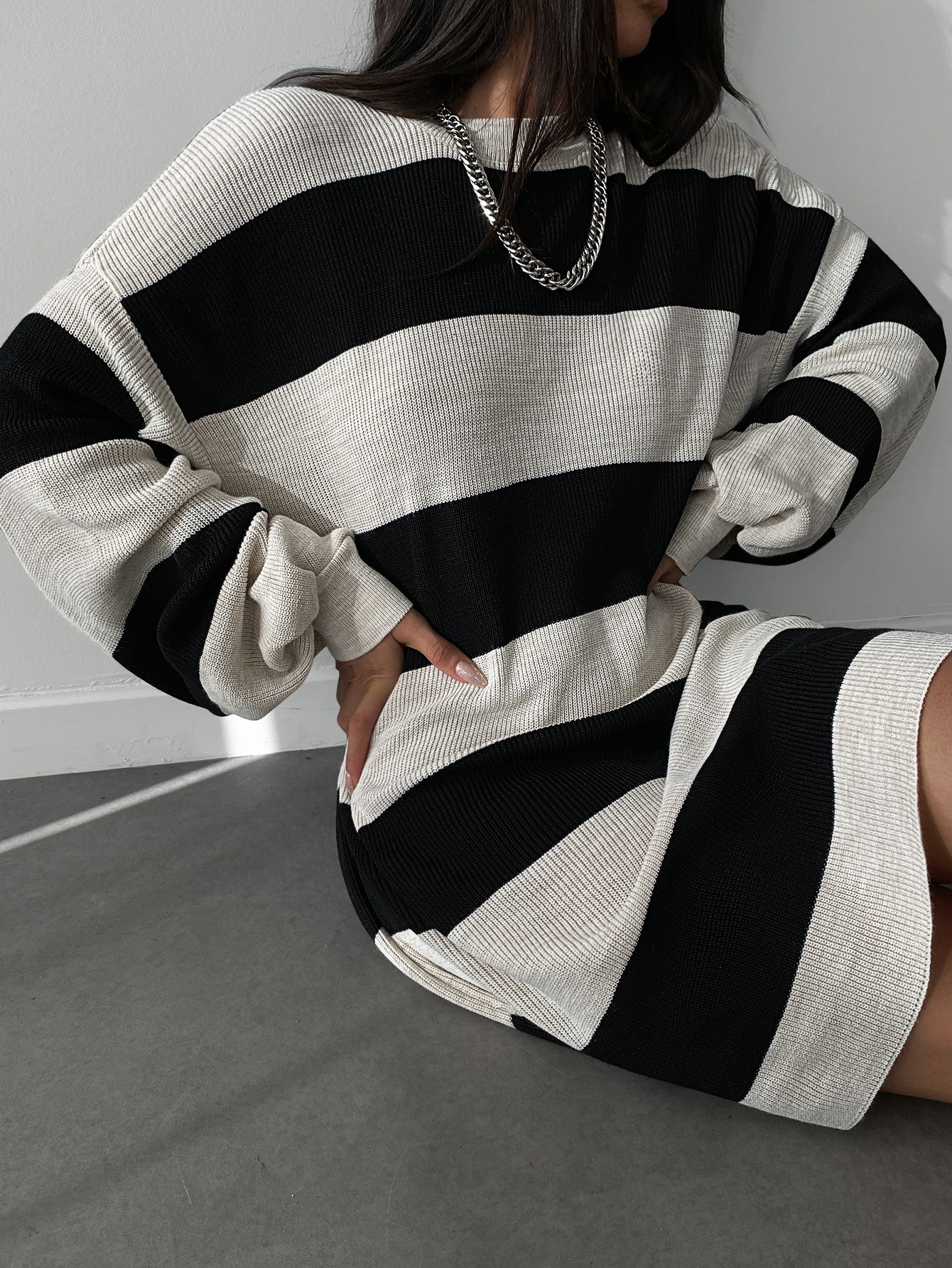 ÇİZGİLİ BALON KOL ELBİSE