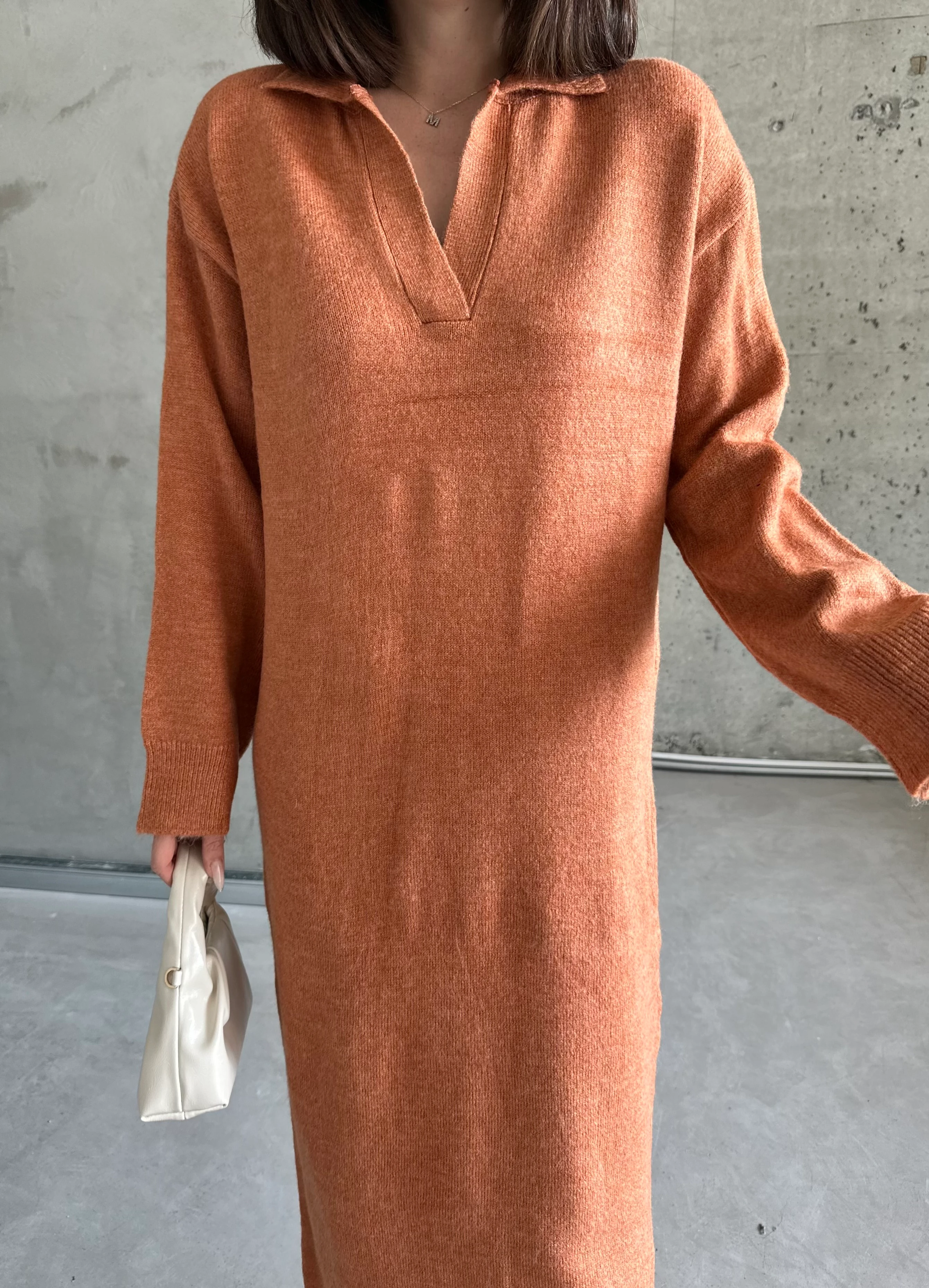 POLO YAKA ŞARDONLU ELBİSE - Kiremit