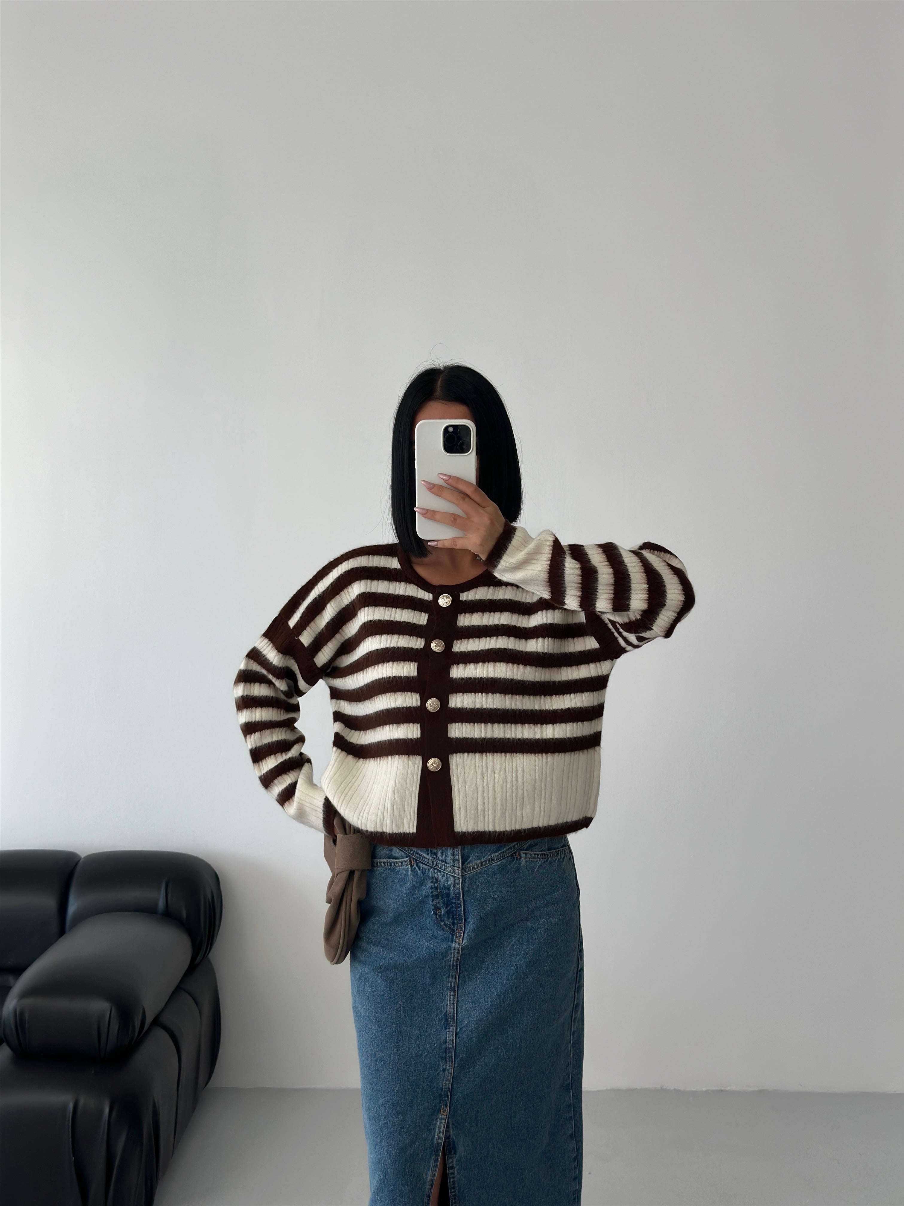 ÇİZGİLİ ŞARDONLU HIRKA - Kahve
