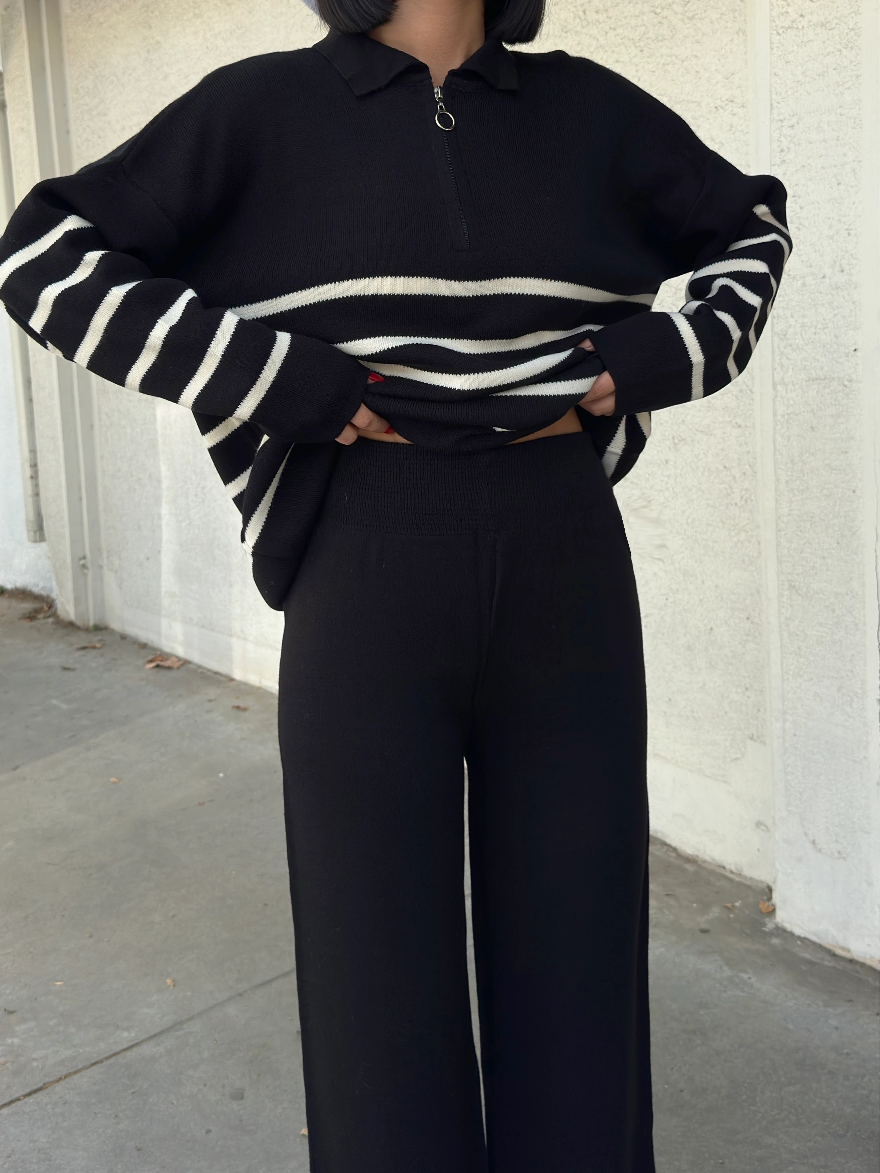 ÇİZGİLİ FERMUARLI TAKIM - Siyah