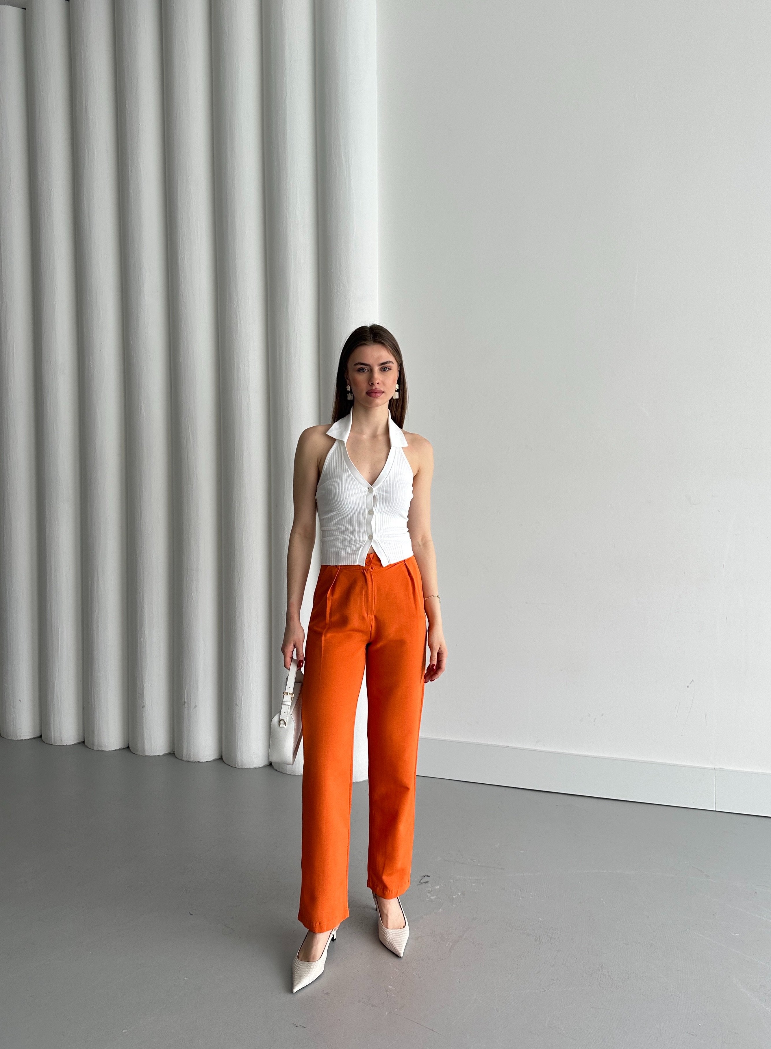 FERMUARLI KETEN PANTOLON - Orange