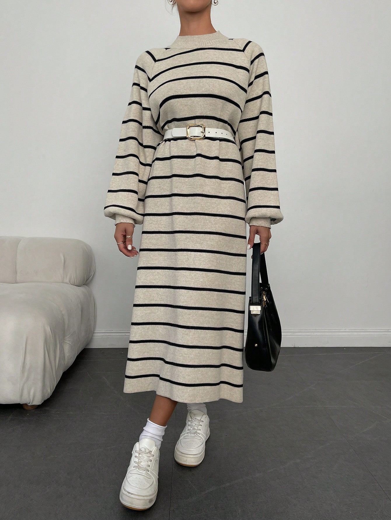 ÇİZGİLİ PİKE ELBİSE - Taş