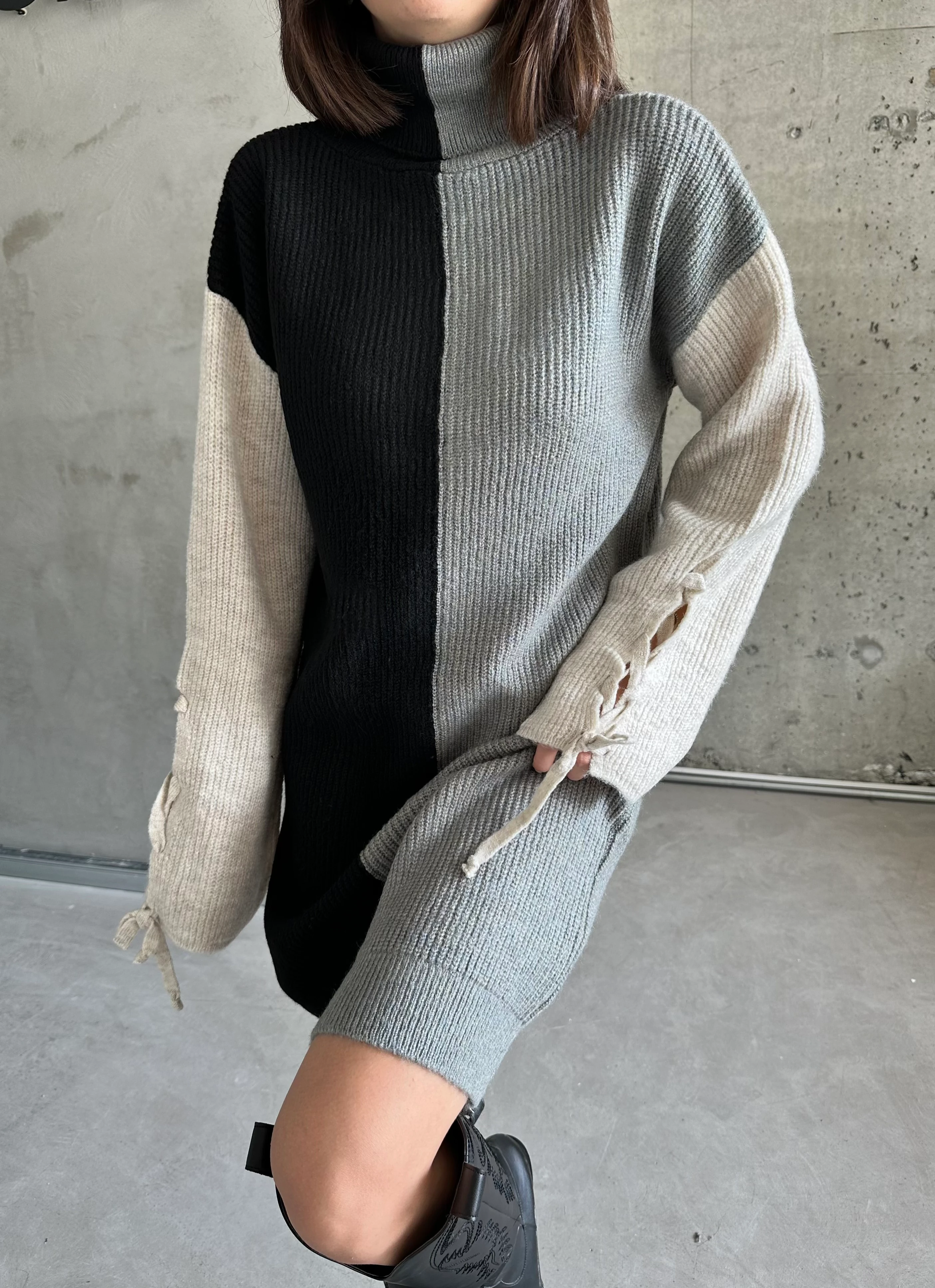 ÇİFT RENK ŞARDONLU ELBİSE - Gri