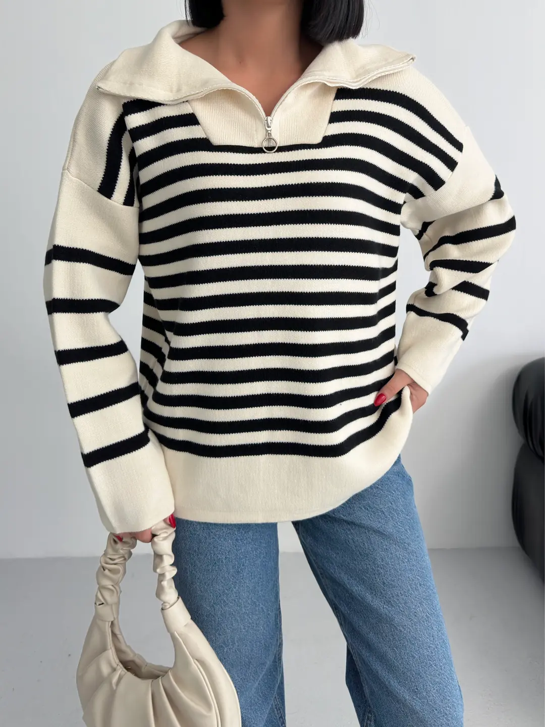 HİLTON YAKALI FERMUARLI KAZAK - Ten