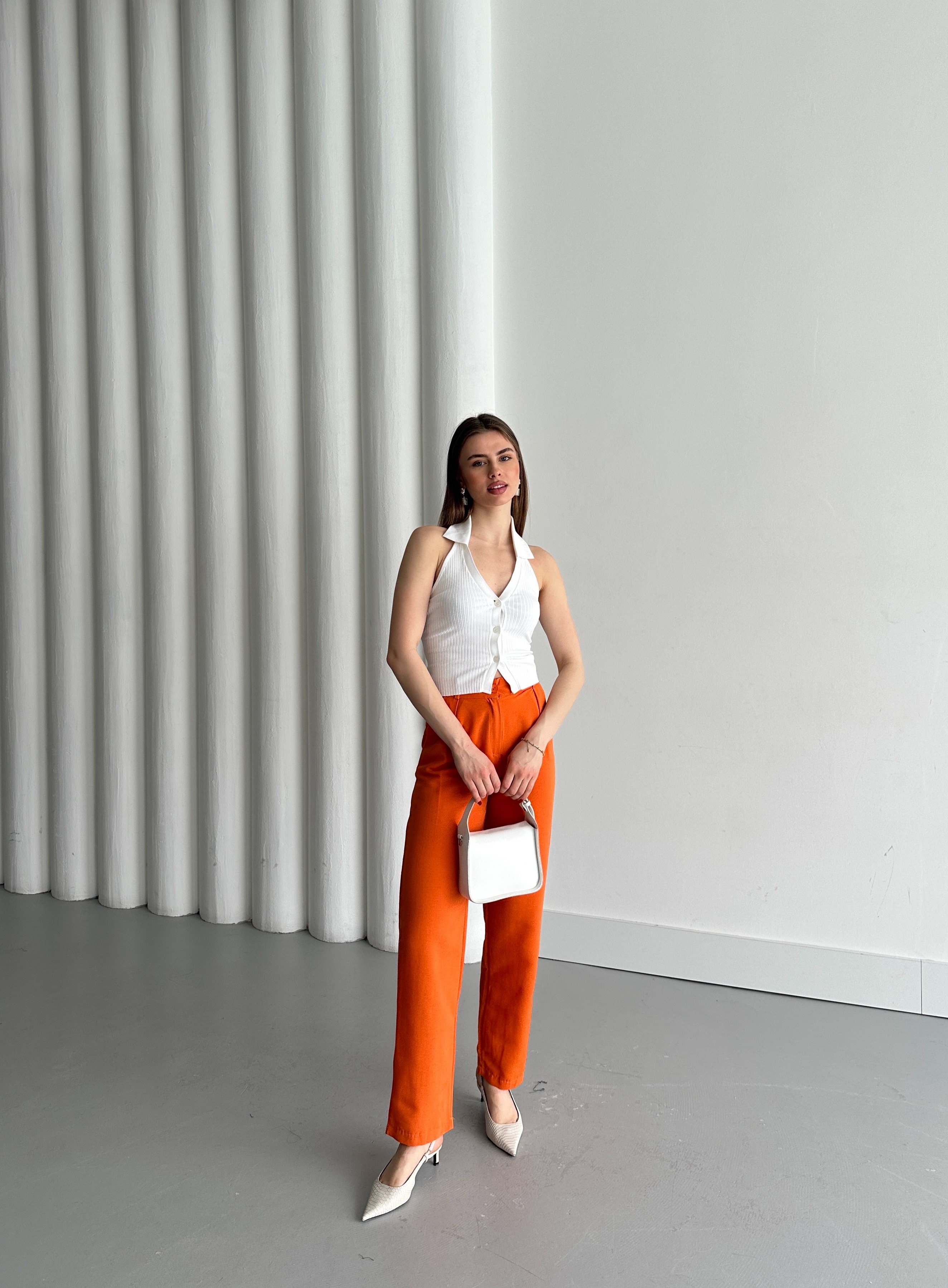 FERMUARLI KETEN PANTOLON - Orange
