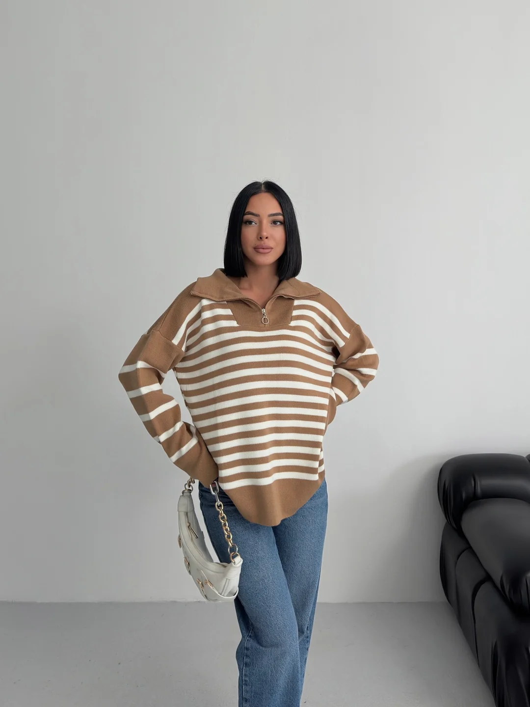 HİLTON YAKALI FERMUARLI KAZAK - Karamel