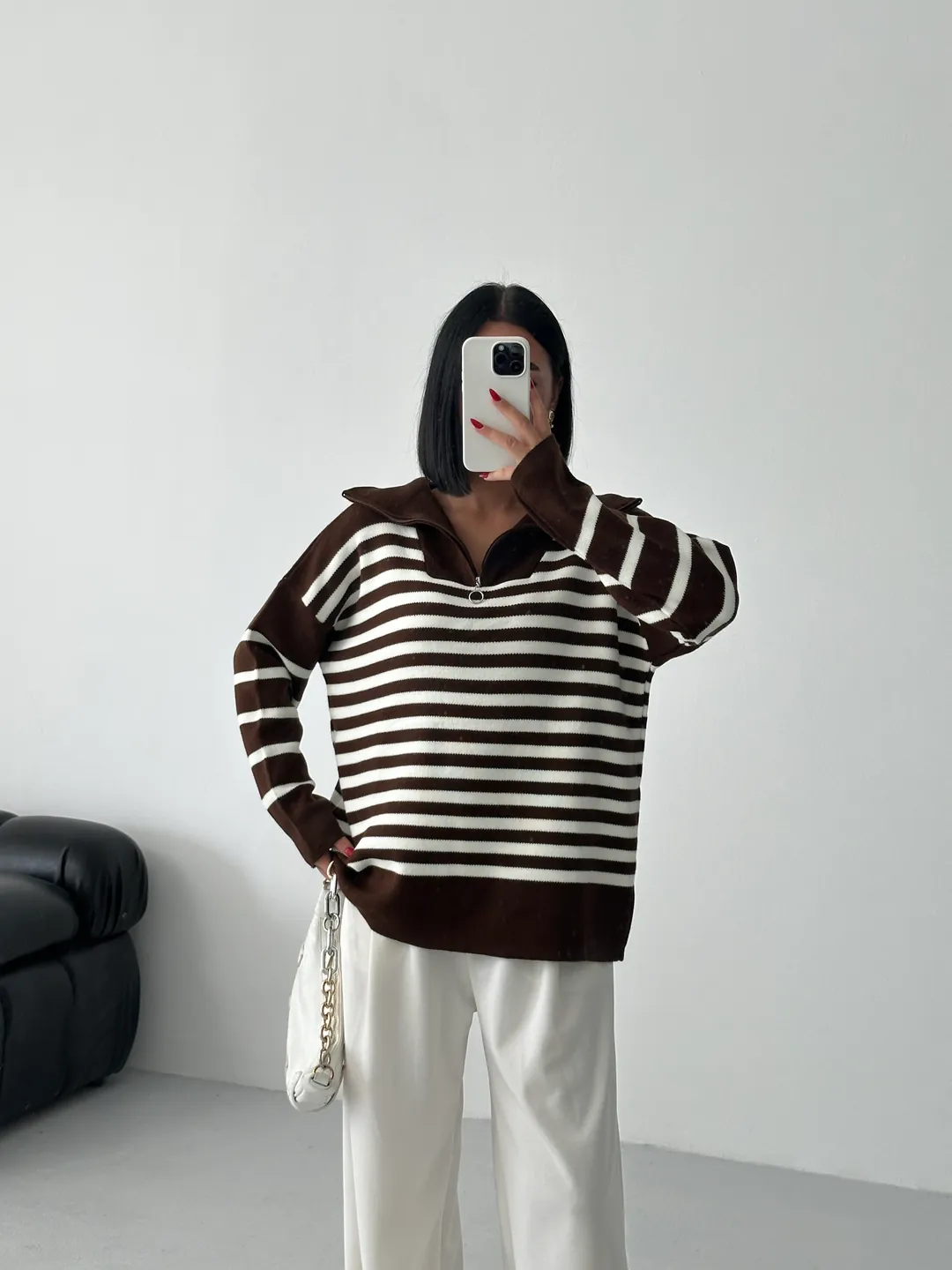 HİLTON YAKALI FERMUARLI KAZAK - Kahve