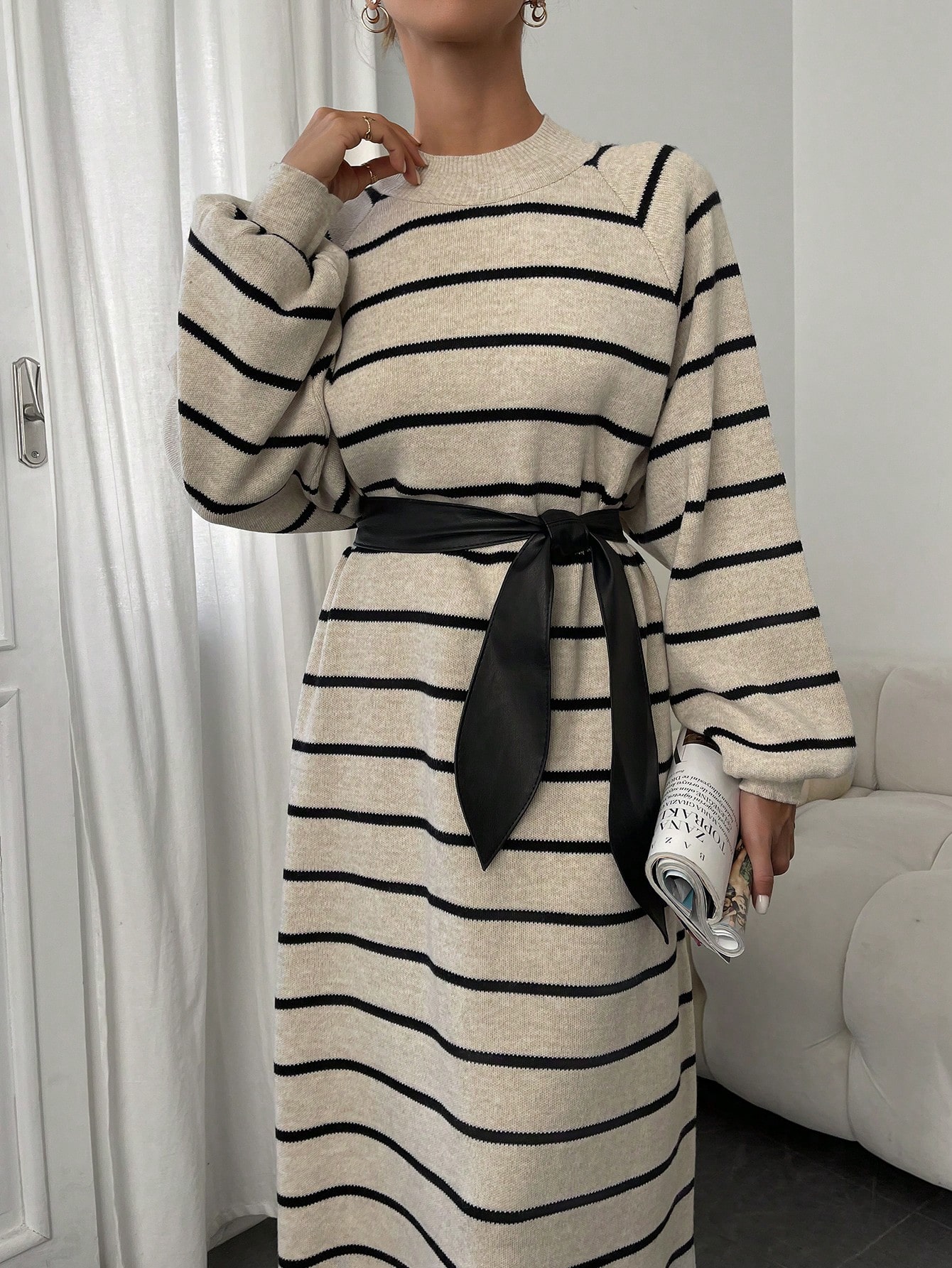 ÇİZGİLİ PİKE ELBİSE - Taş