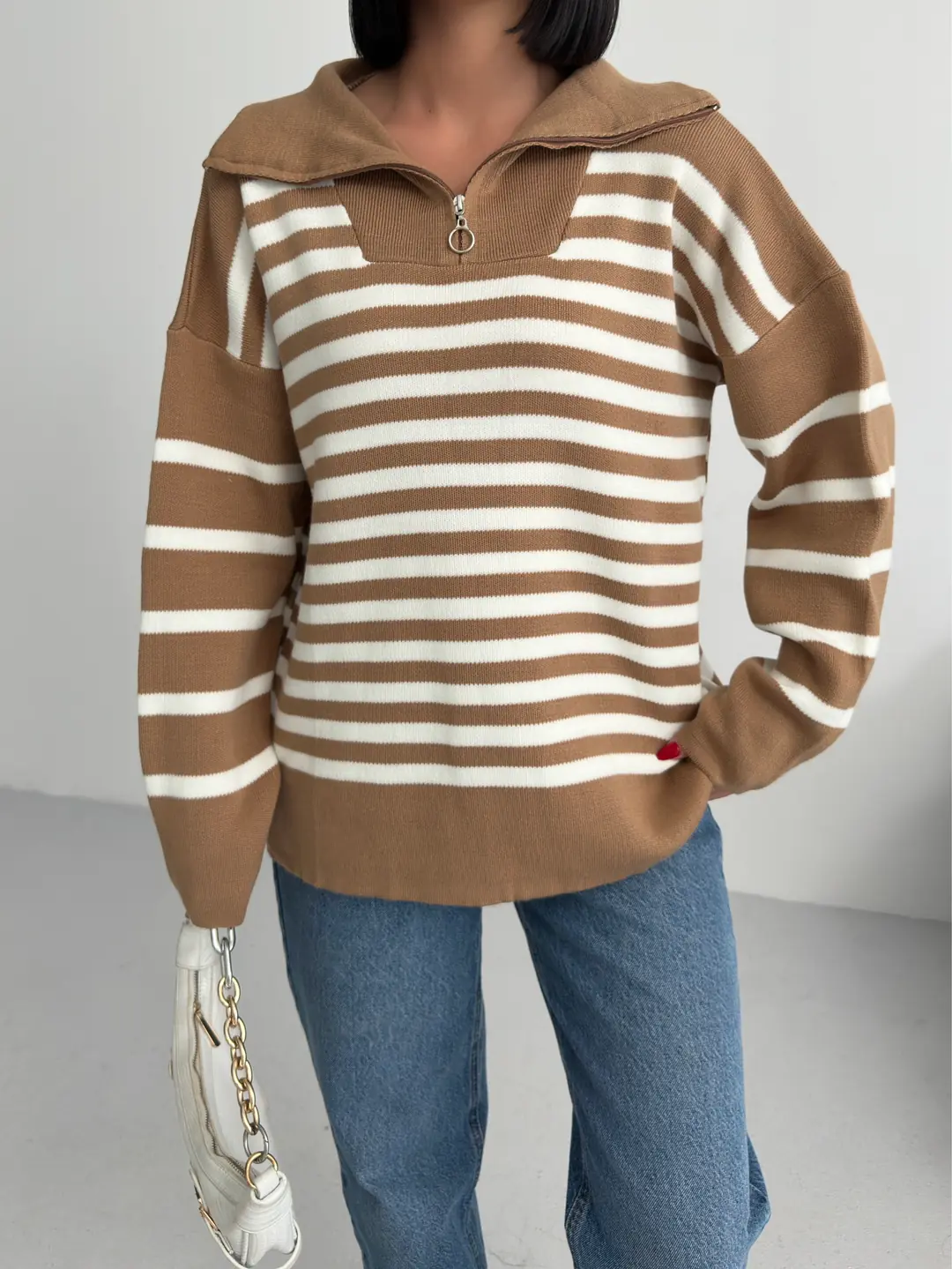 HİLTON YAKALI FERMUARLI KAZAK - Karamel