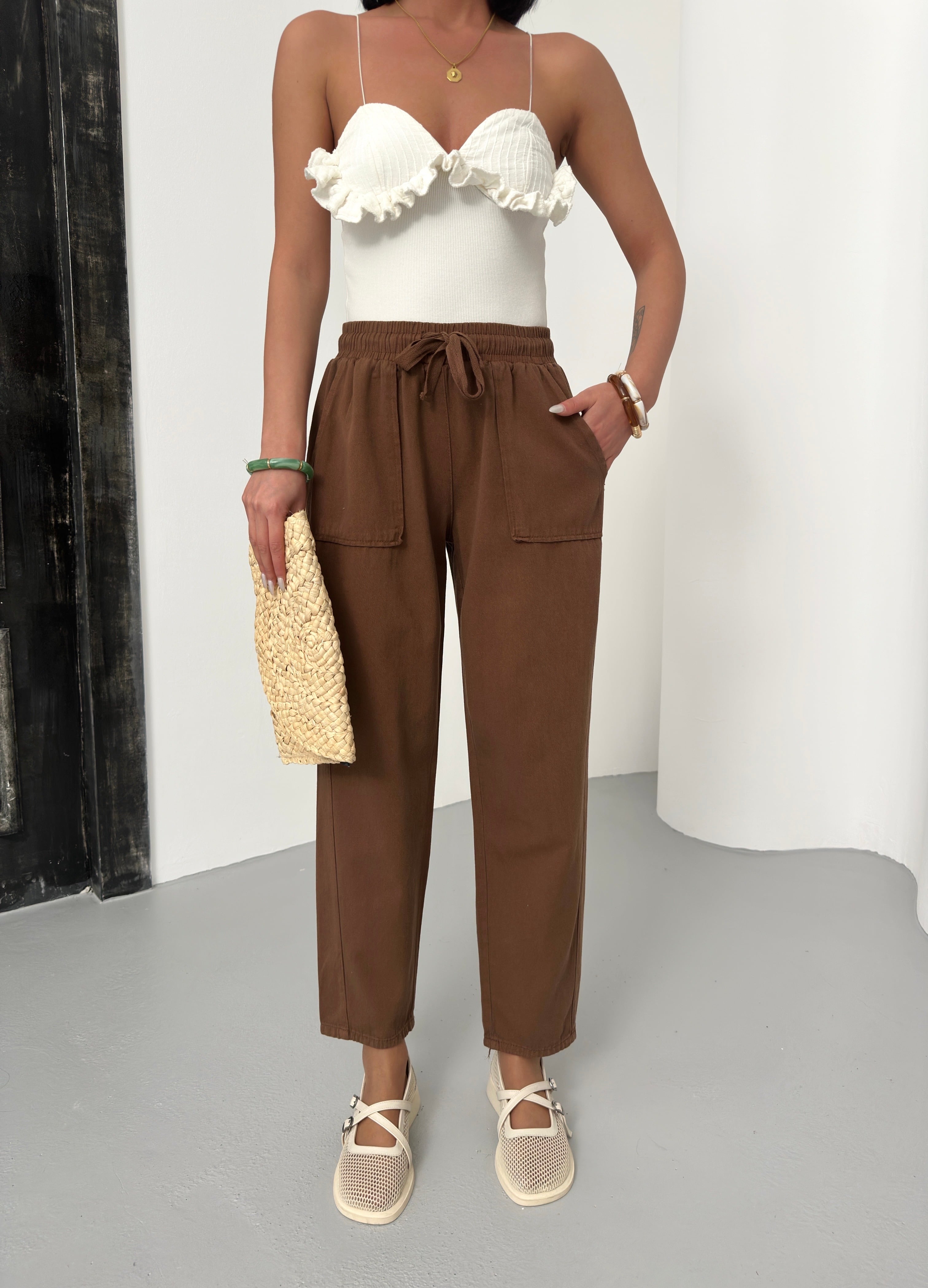 CEPLİ GABARDİN PANTOLON - Karamel