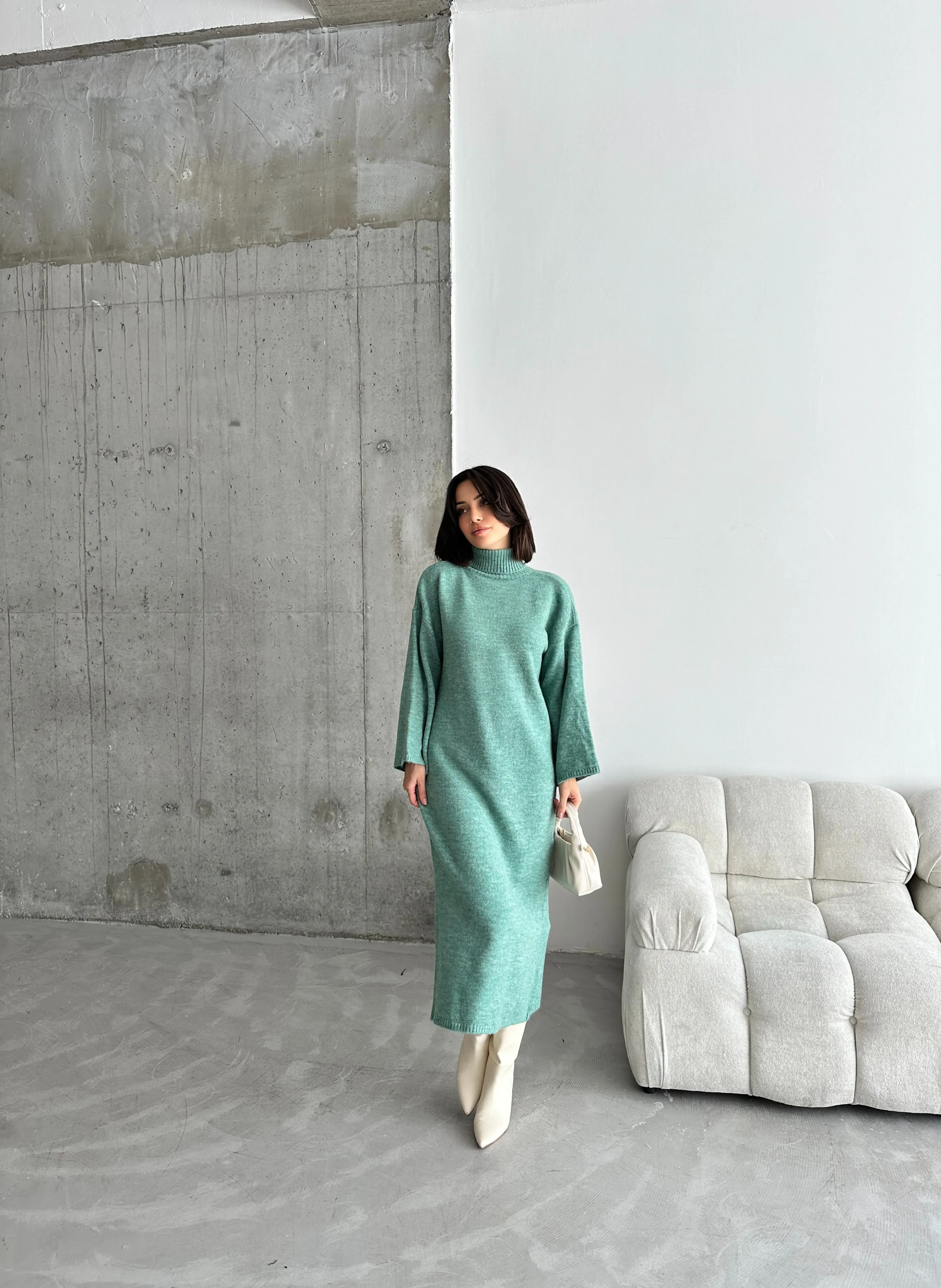 ŞARDONLU BALIKÇI YAKA ELBİSE - Çağla