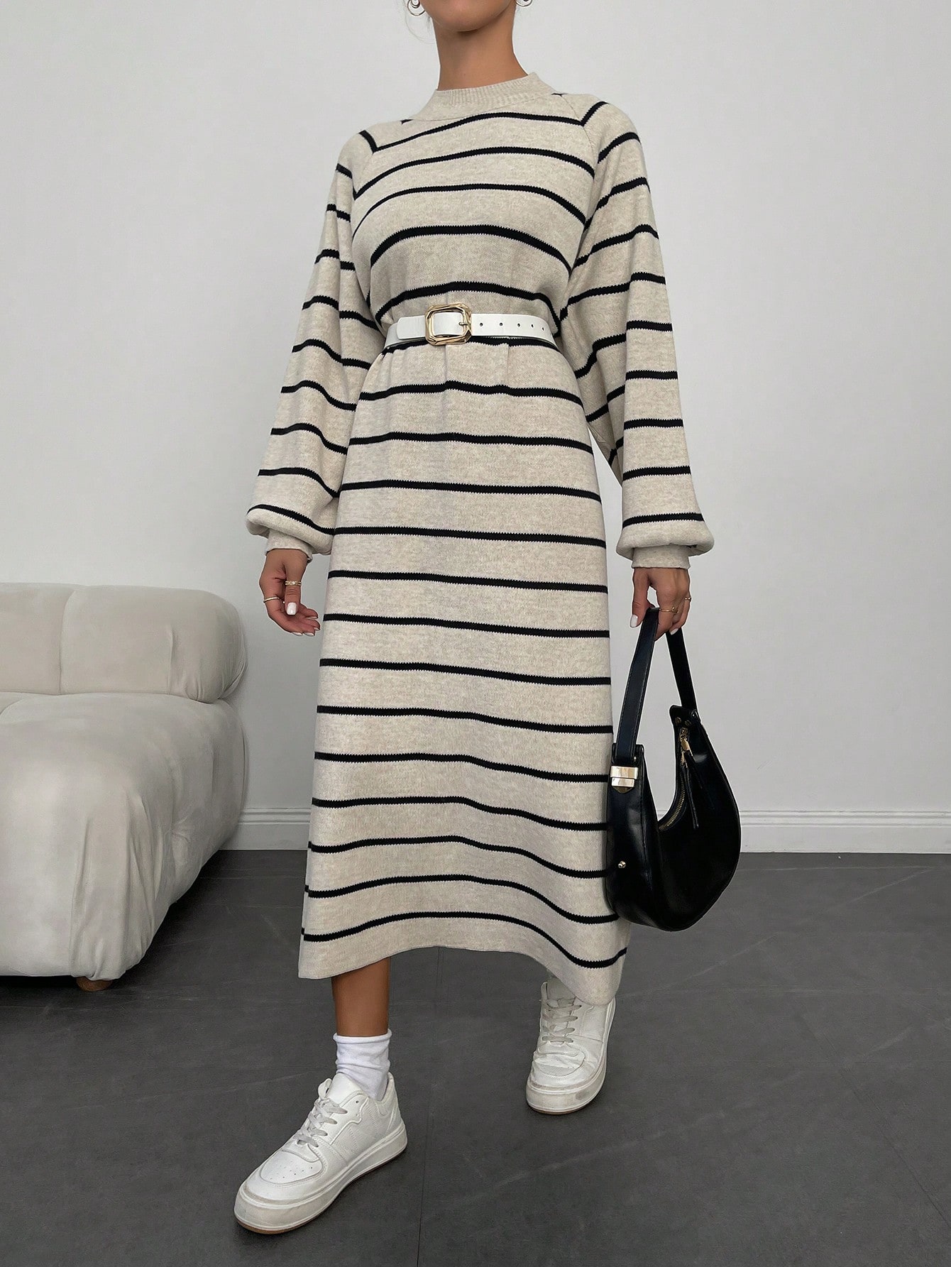 ÇİZGİLİ PİKE ELBİSE - Taş