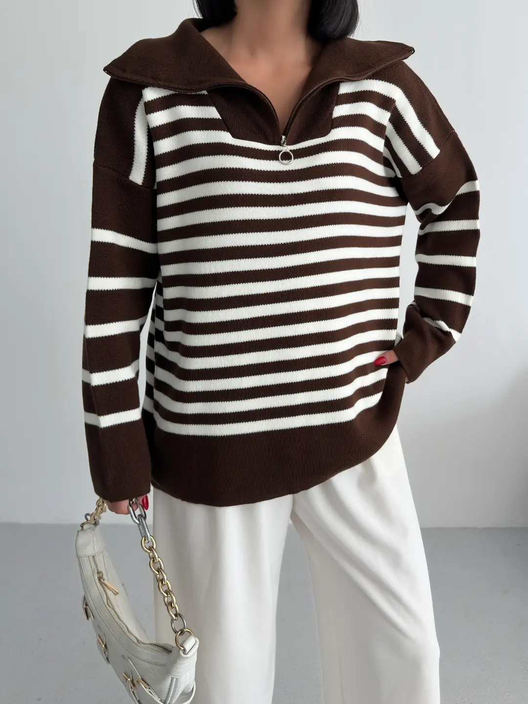 HİLTON YAKALI FERMUARLI KAZAK - Kahve