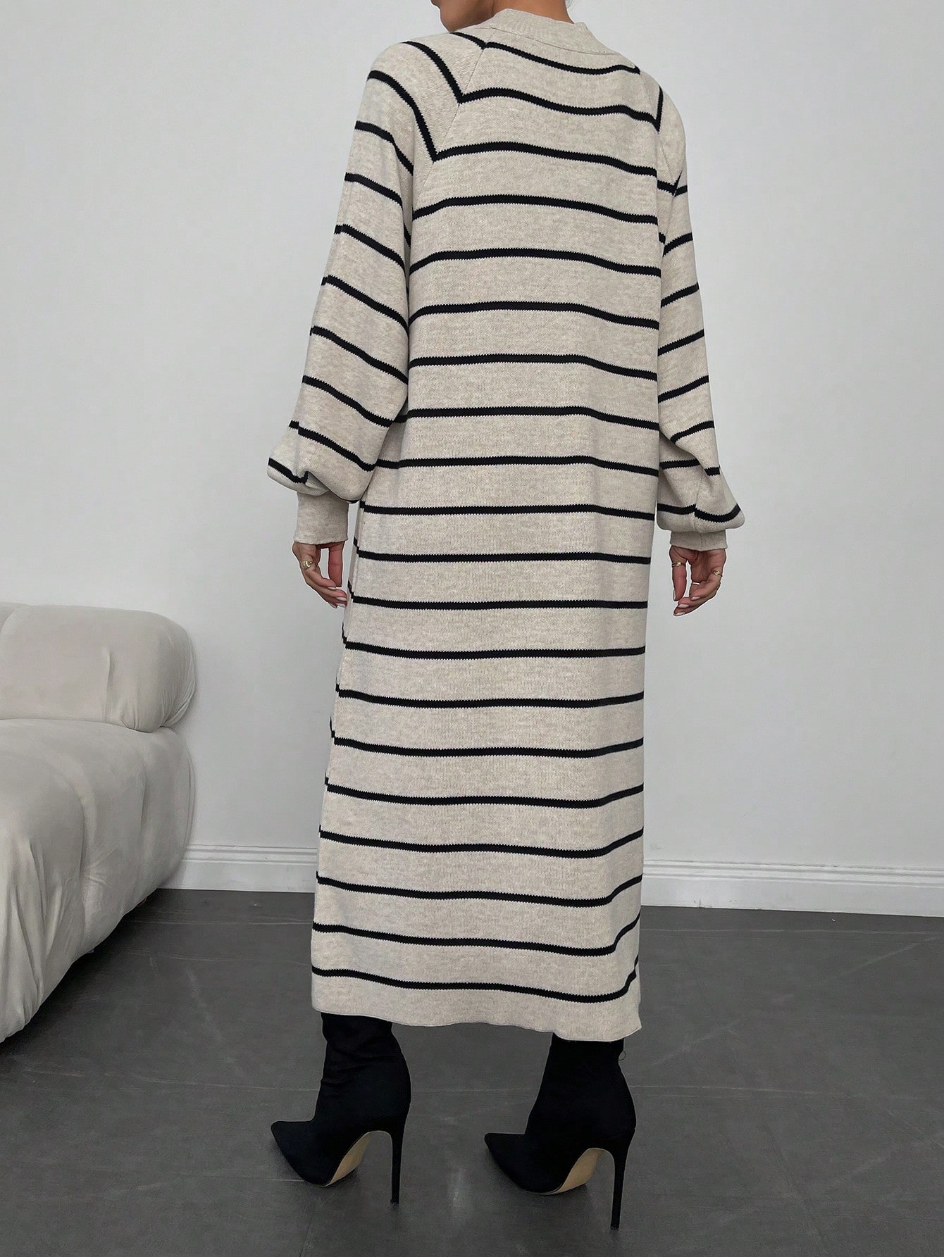 ÇİZGİLİ PİKE ELBİSE - Taş