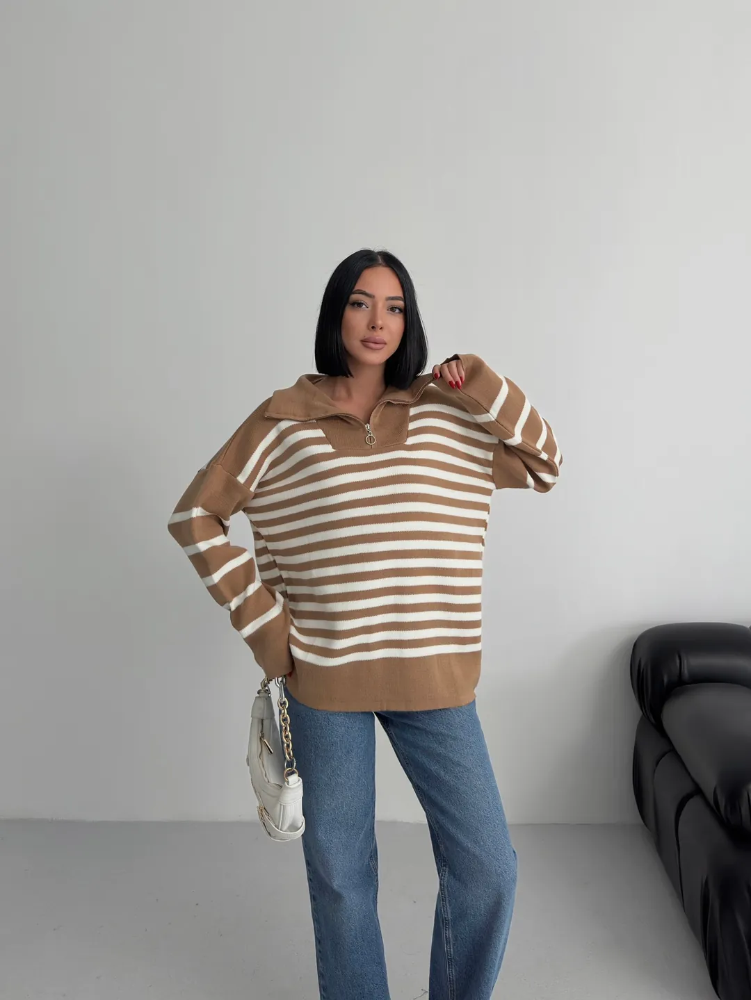 HİLTON YAKALI FERMUARLI KAZAK - Karamel