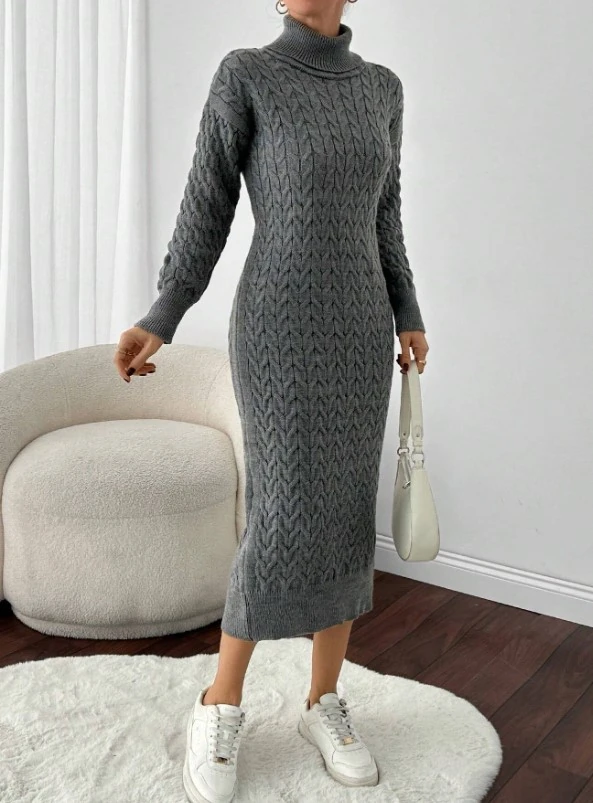 SAÇ ÖRGÜLÜ TRİKO ELBİSE - Gri