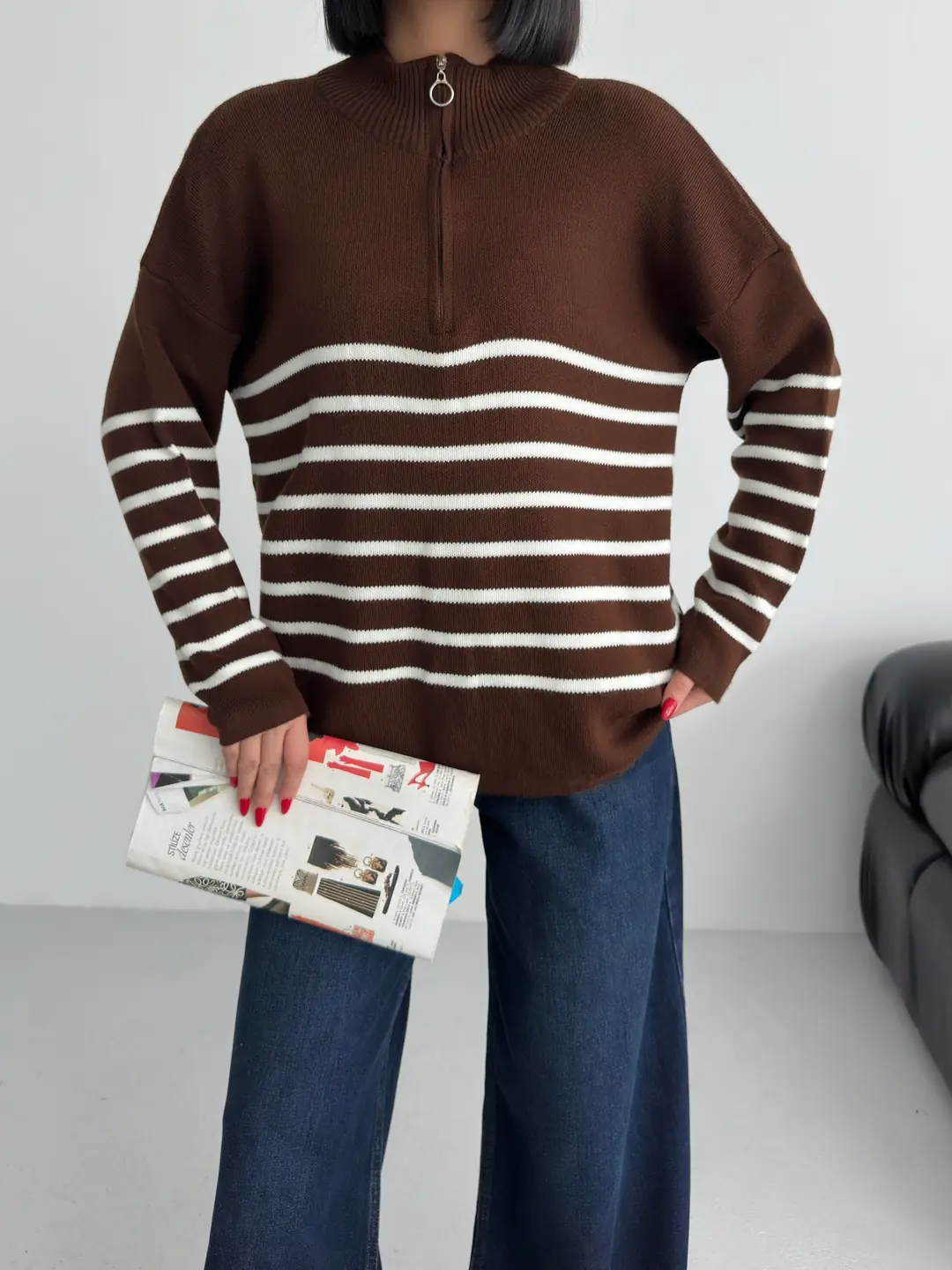 ÇİZGİLİ PİKE FERMUARLI KAZAK - Kahve