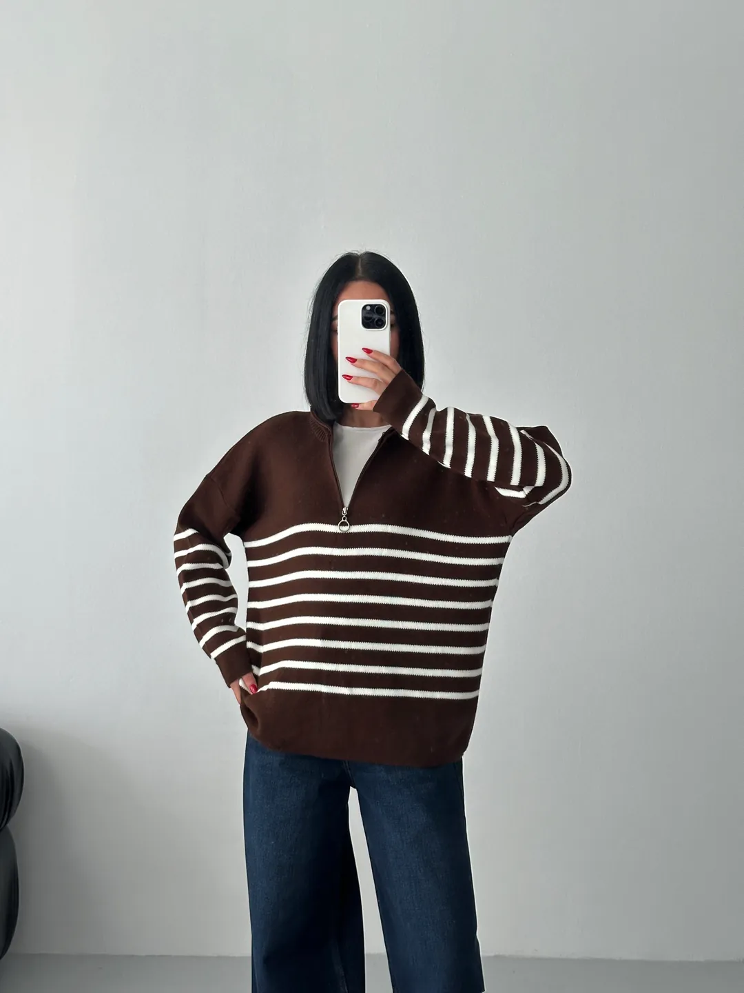 ÇİZGİLİ PİKE FERMUARLI KAZAK - Kahve