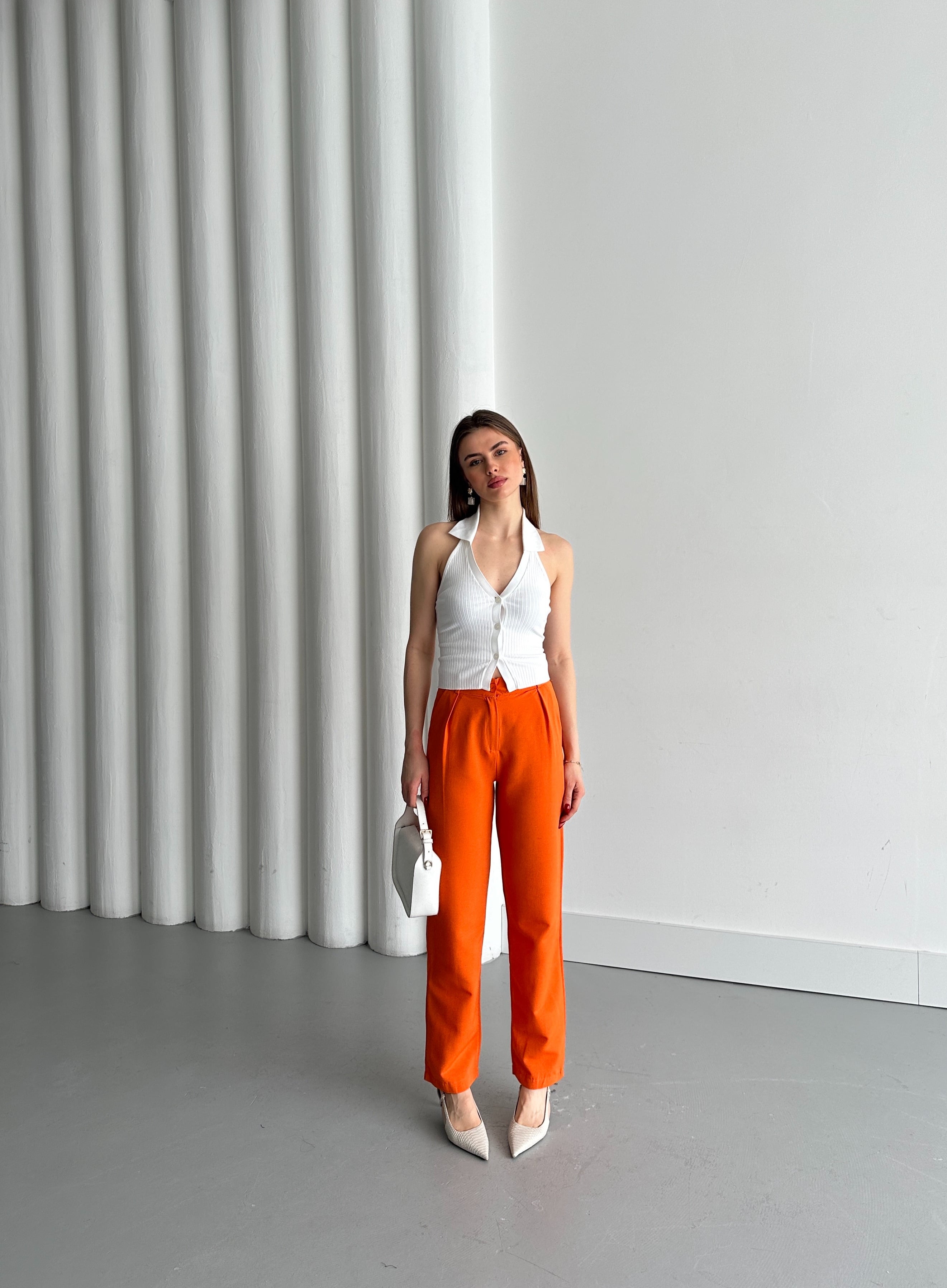 FERMUARLI KETEN PANTOLON - Orange