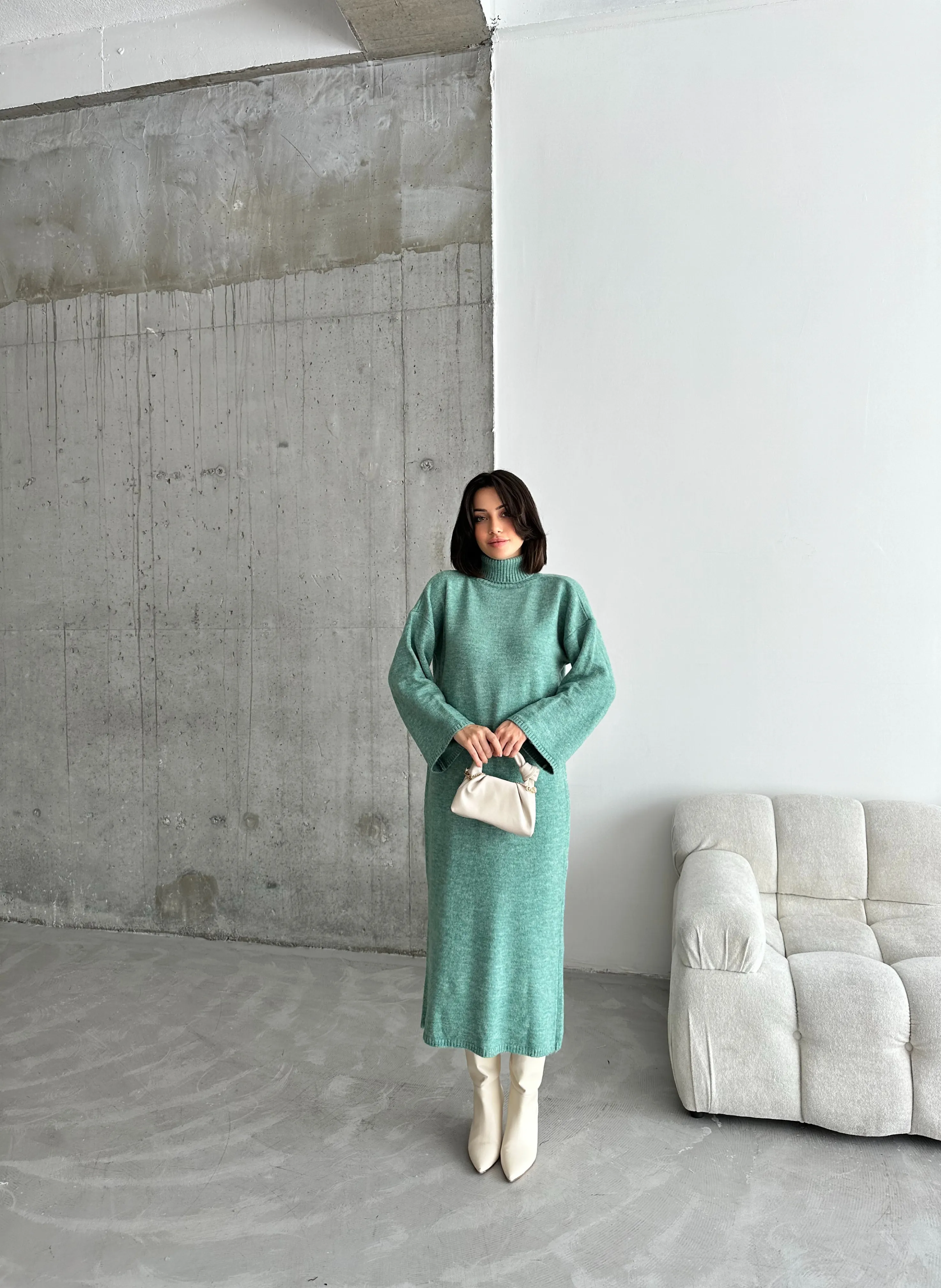 ŞARDONLU BALIKÇI YAKA ELBİSE - Çağla