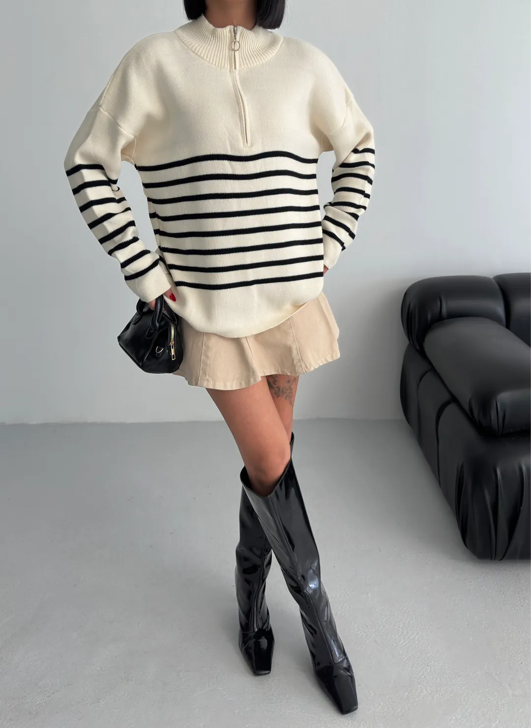 ÇİZGİLİ PİKE FERMUARLI KAZAK - Ten