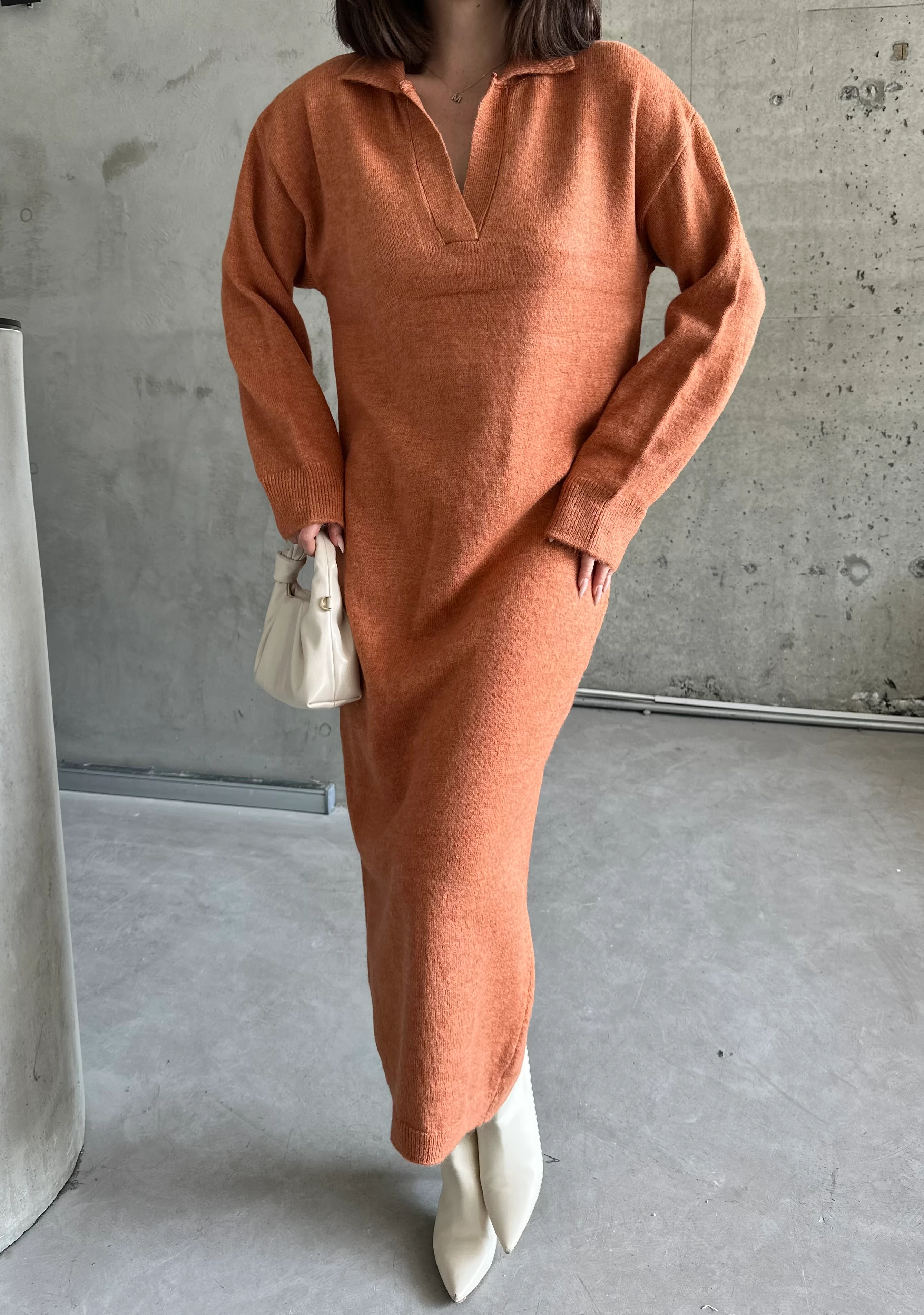 POLO YAKA ŞARDONLU ELBİSE - Kiremit