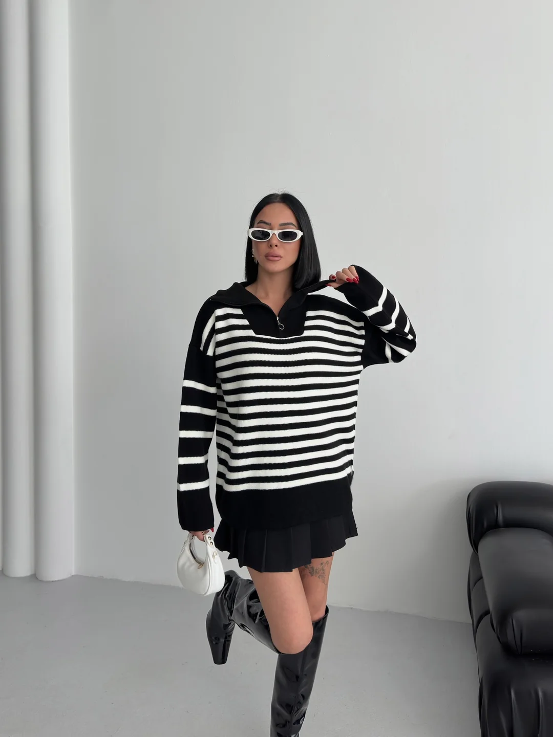 HİLTON YAKALI FERMUARLI KAZAK - Siyah