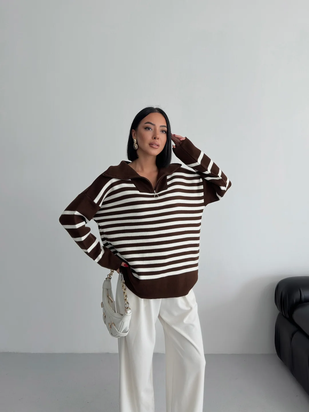 HİLTON YAKALI FERMUARLI KAZAK - Kahve