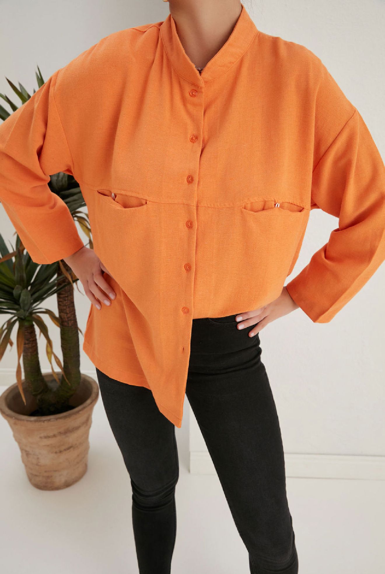 OVERSİZE KETEN GÖMLEK - Orange