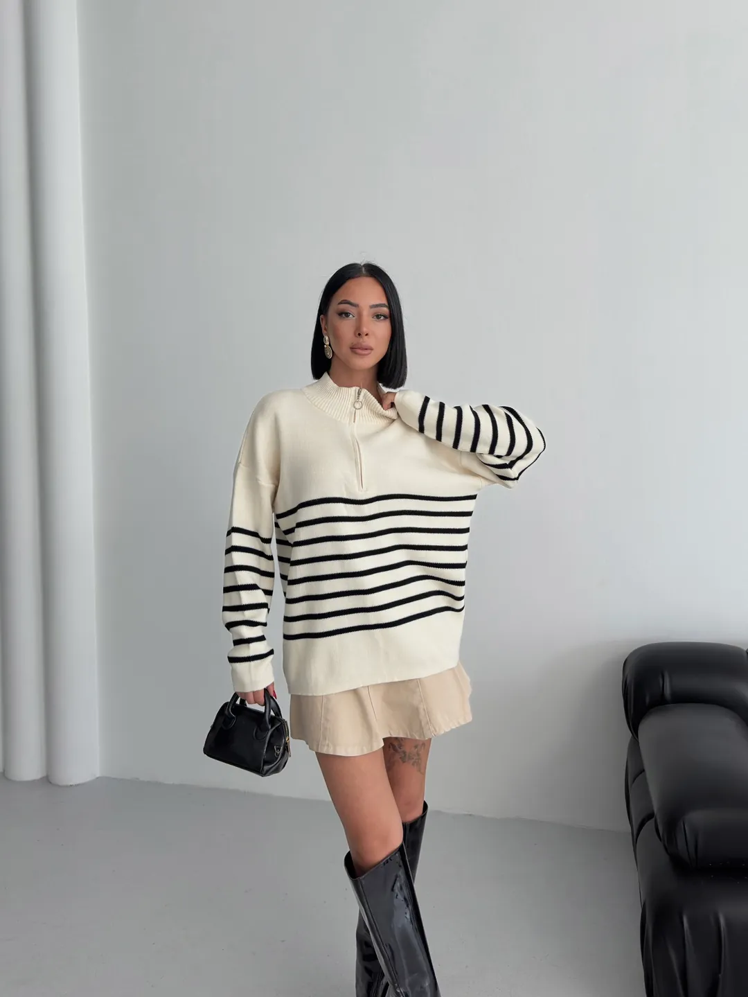 ÇİZGİLİ PİKE FERMUARLI KAZAK - Ten