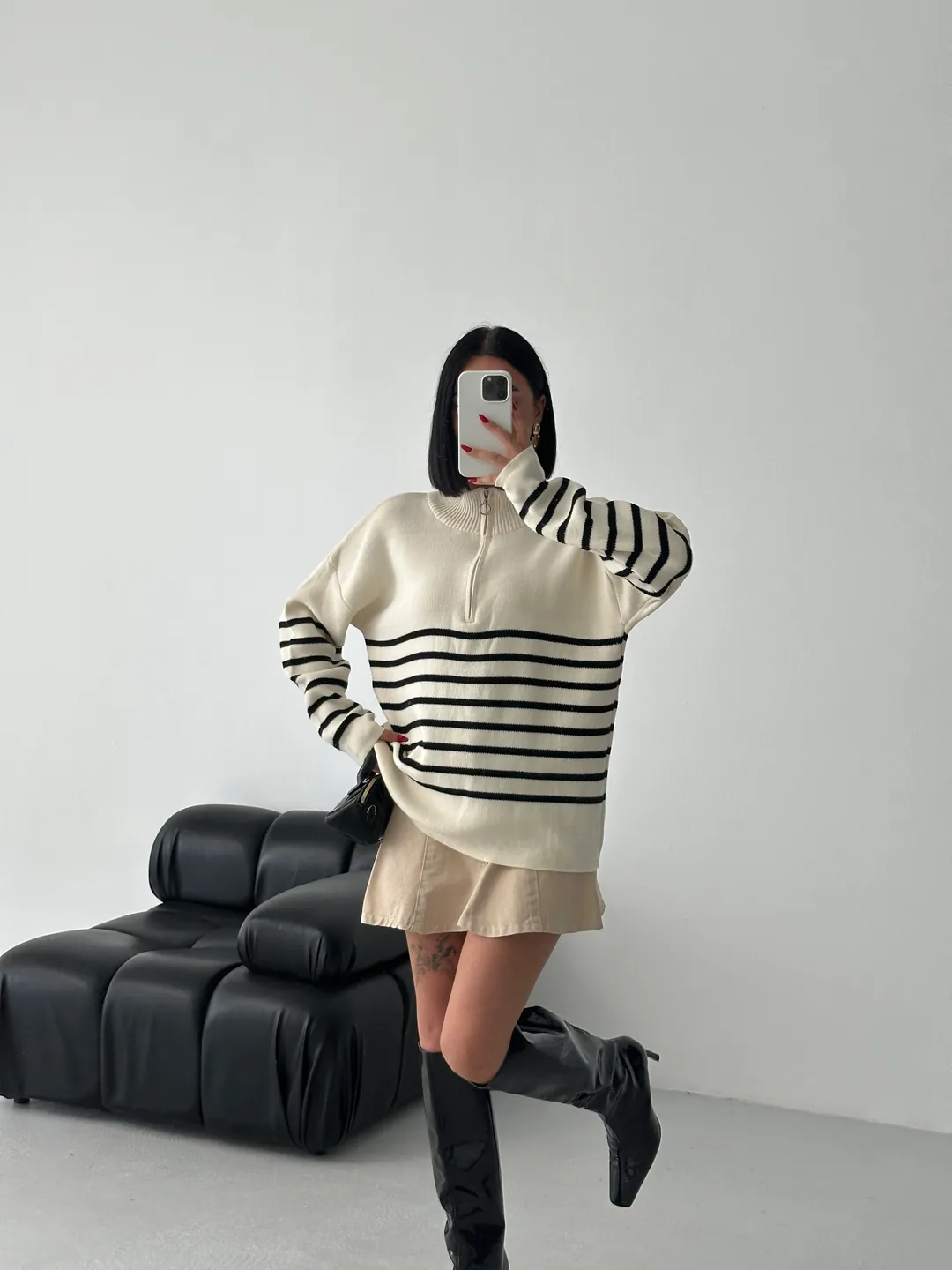 ÇİZGİLİ PİKE FERMUARLI KAZAK - Ten