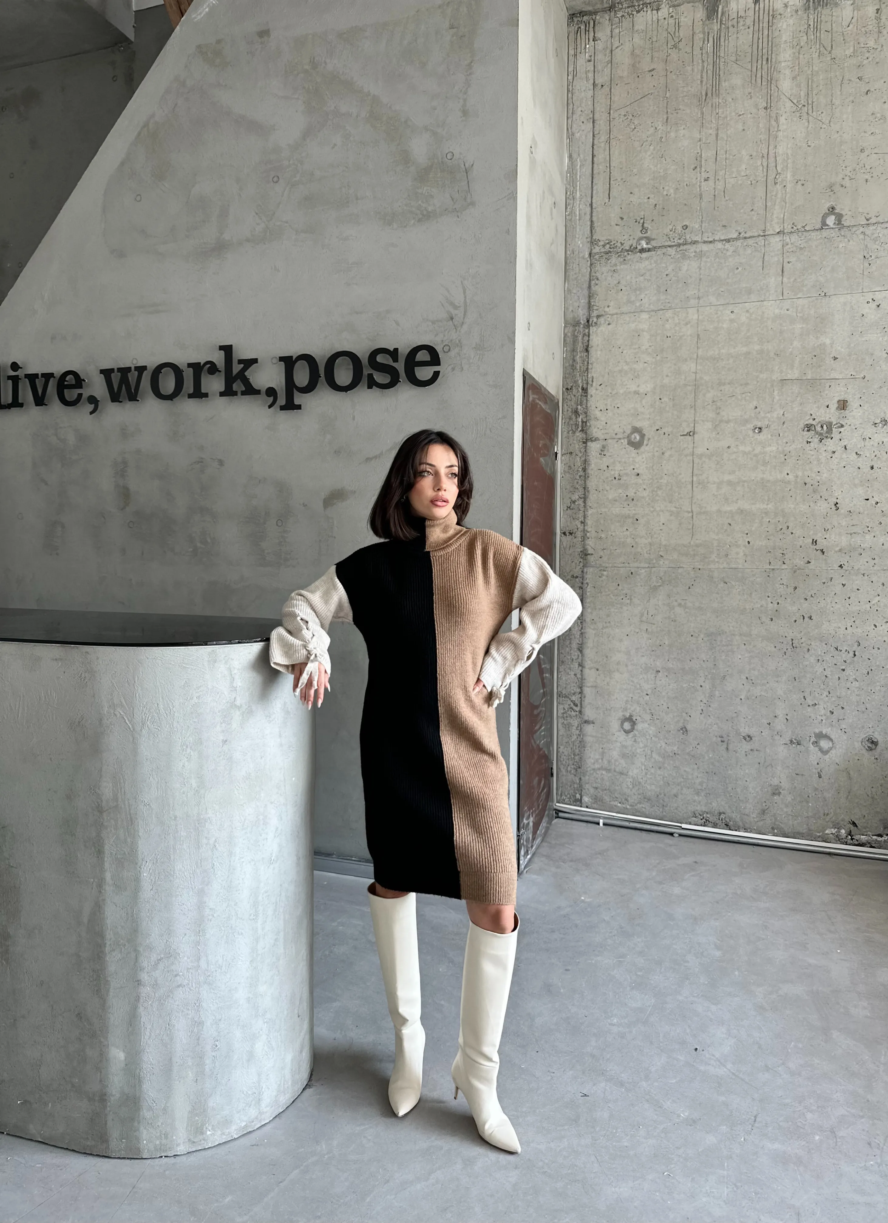 ÇİFT RENK ŞARDONLU ELBİSE - Siyah