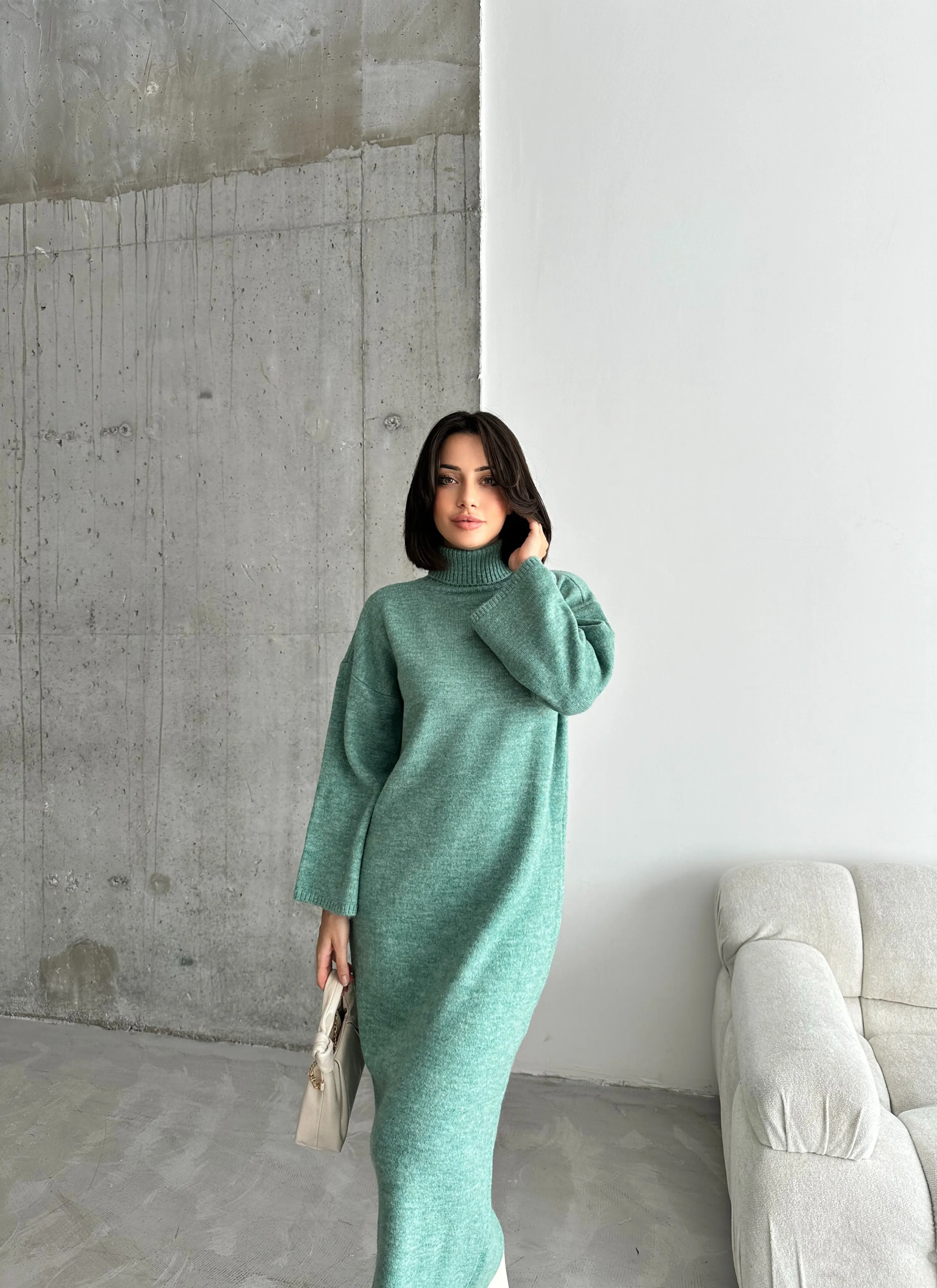 ŞARDONLU BALIKÇI YAKA ELBİSE - Çağla