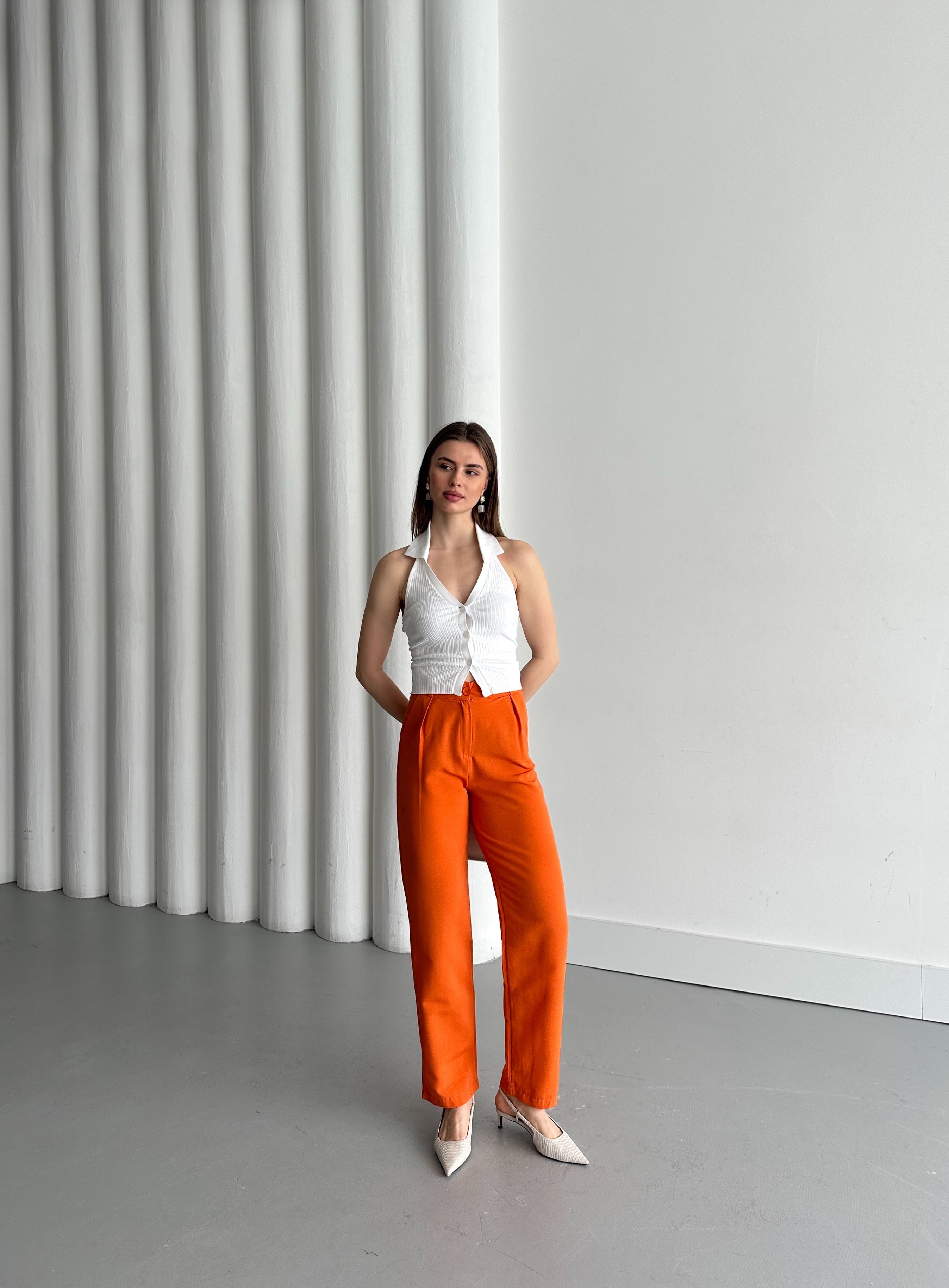 FERMUARLI KETEN PANTOLON - Orange