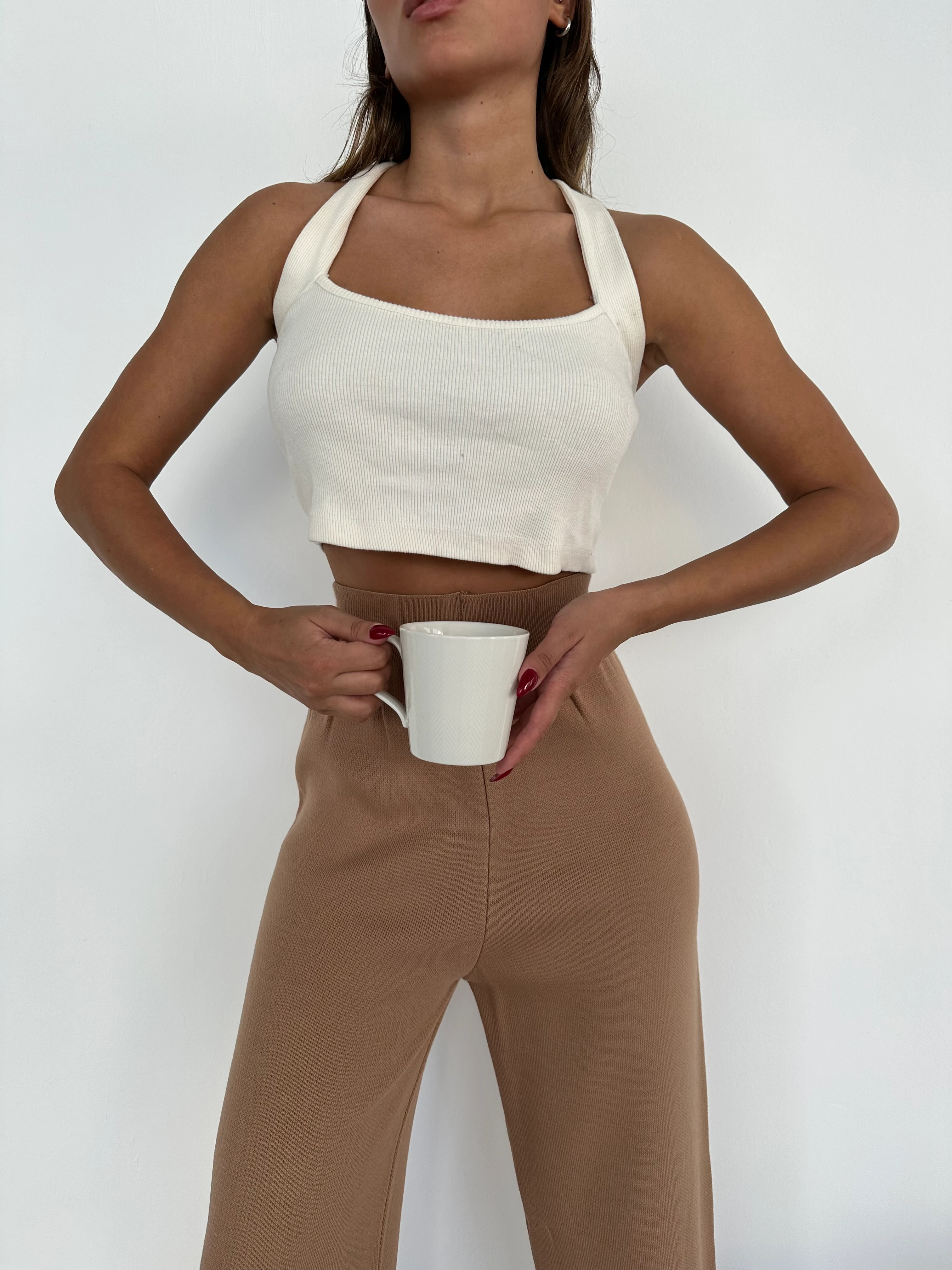 THREADLESS PLAIN BASIC PANTS - Caramel