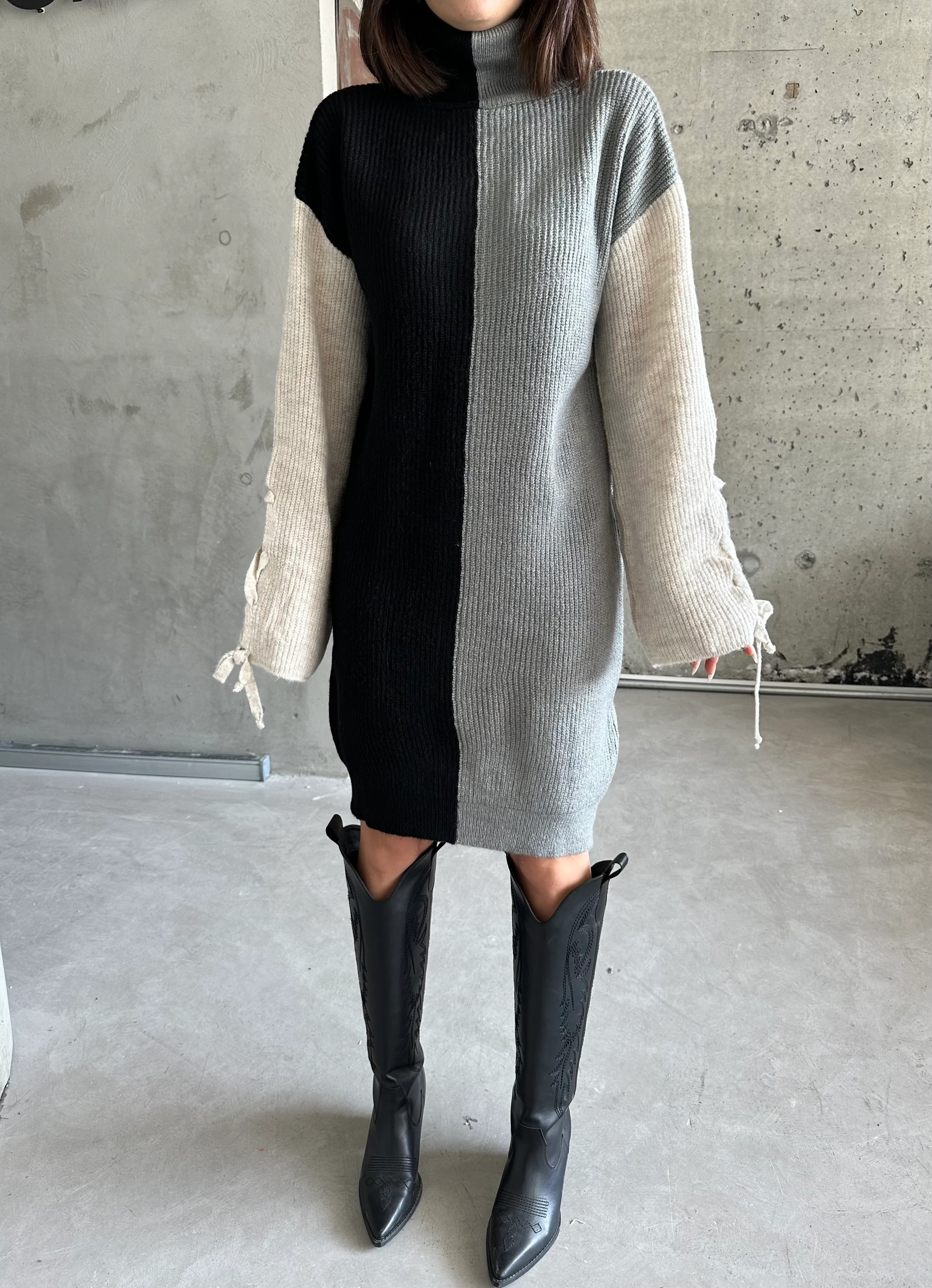 ÇİFT RENK ŞARDONLU ELBİSE - Gri