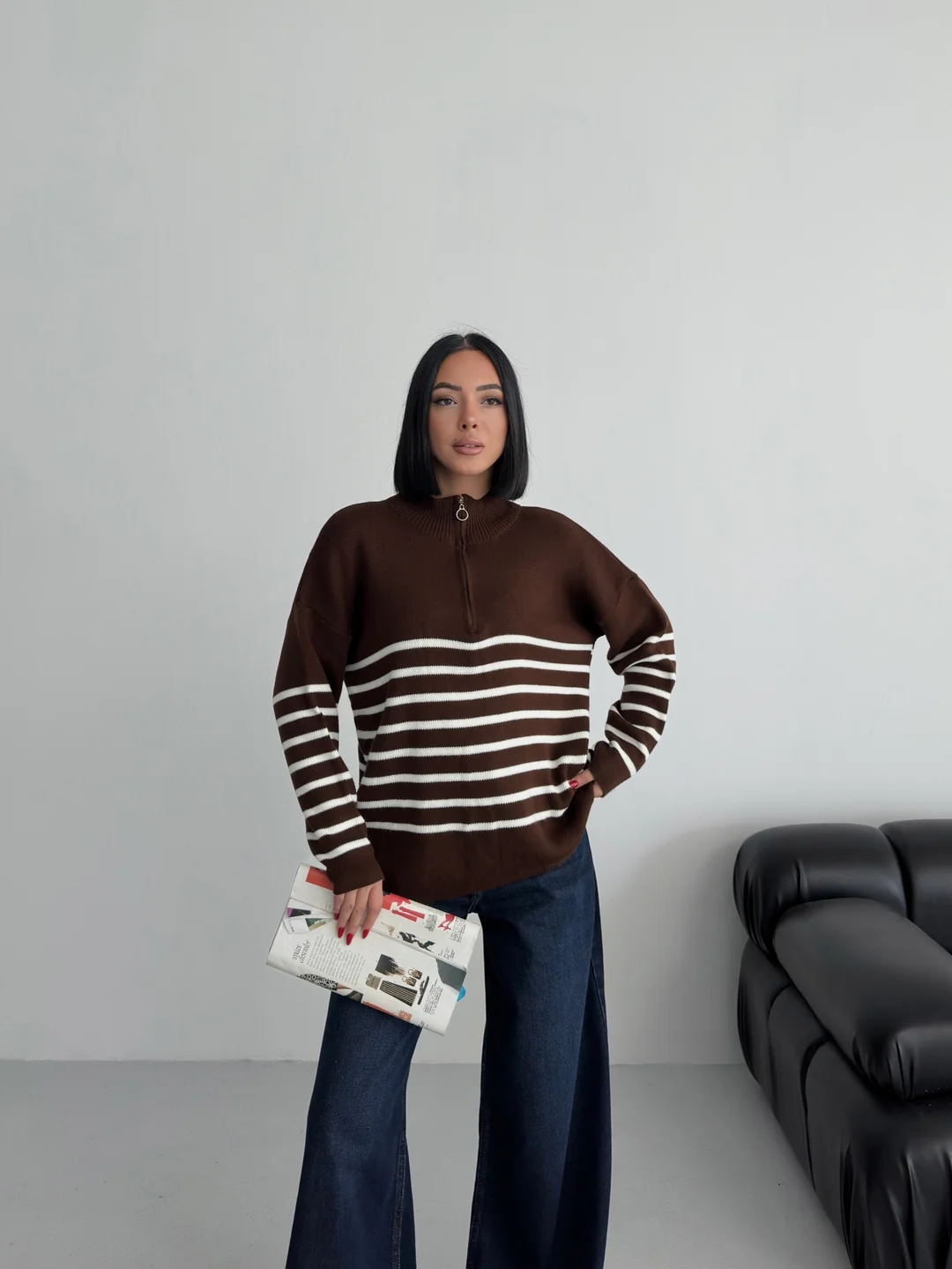 ÇİZGİLİ PİKE FERMUARLI KAZAK - Kahve