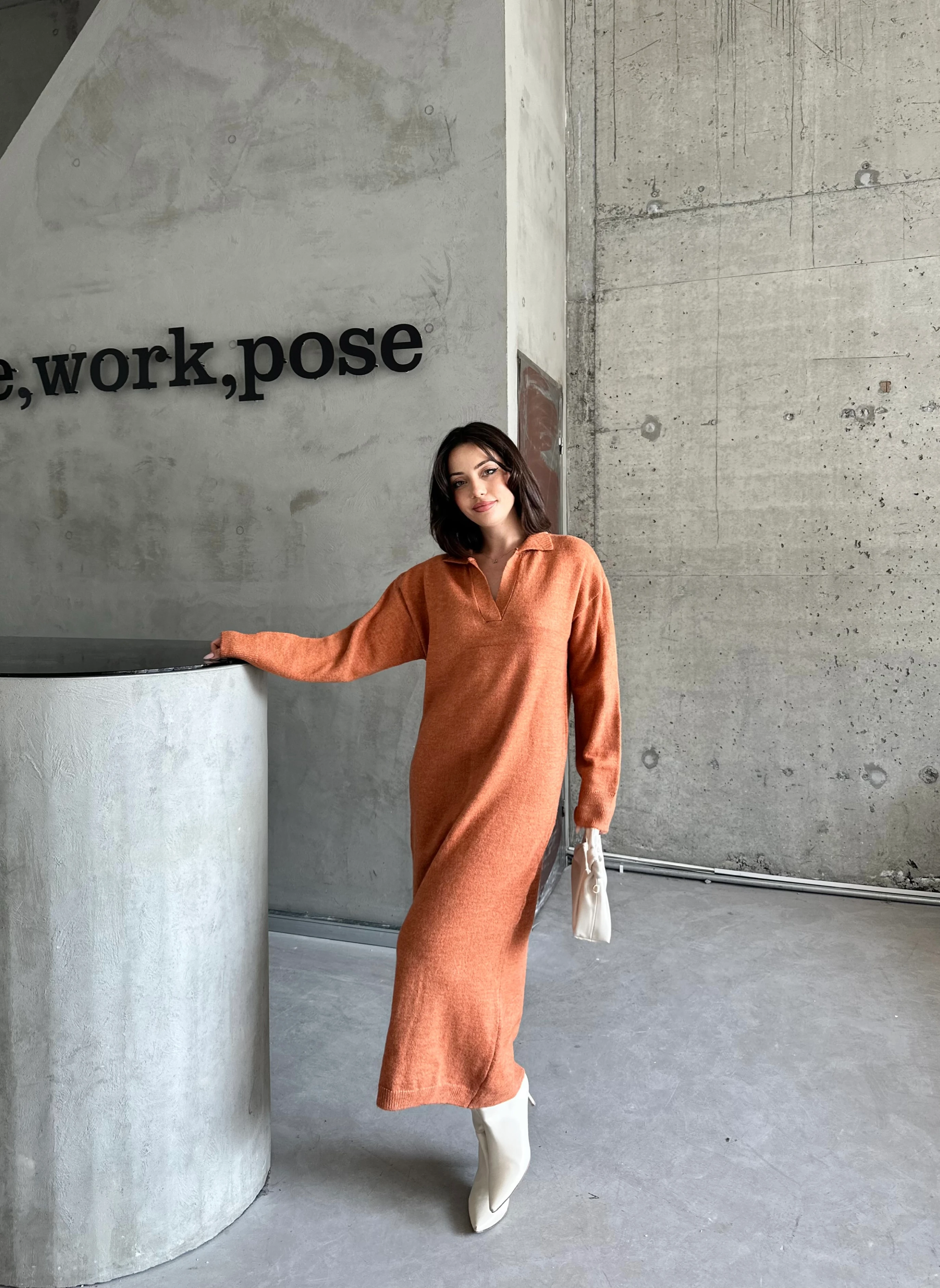 POLO YAKA ŞARDONLU ELBİSE - Kiremit