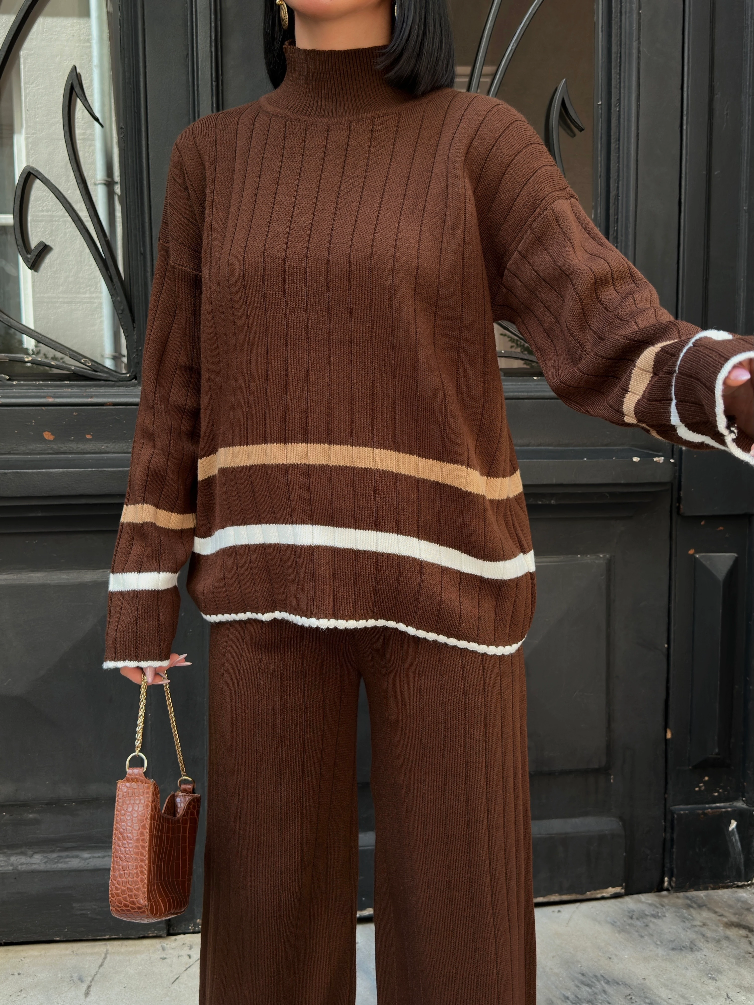 FİTİLLİ ÇİZGİLİ TAKIM - Kahve