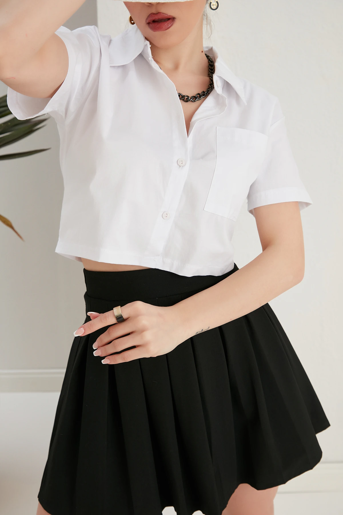 CEPLİ CROP GÖMLEK - Beyaz