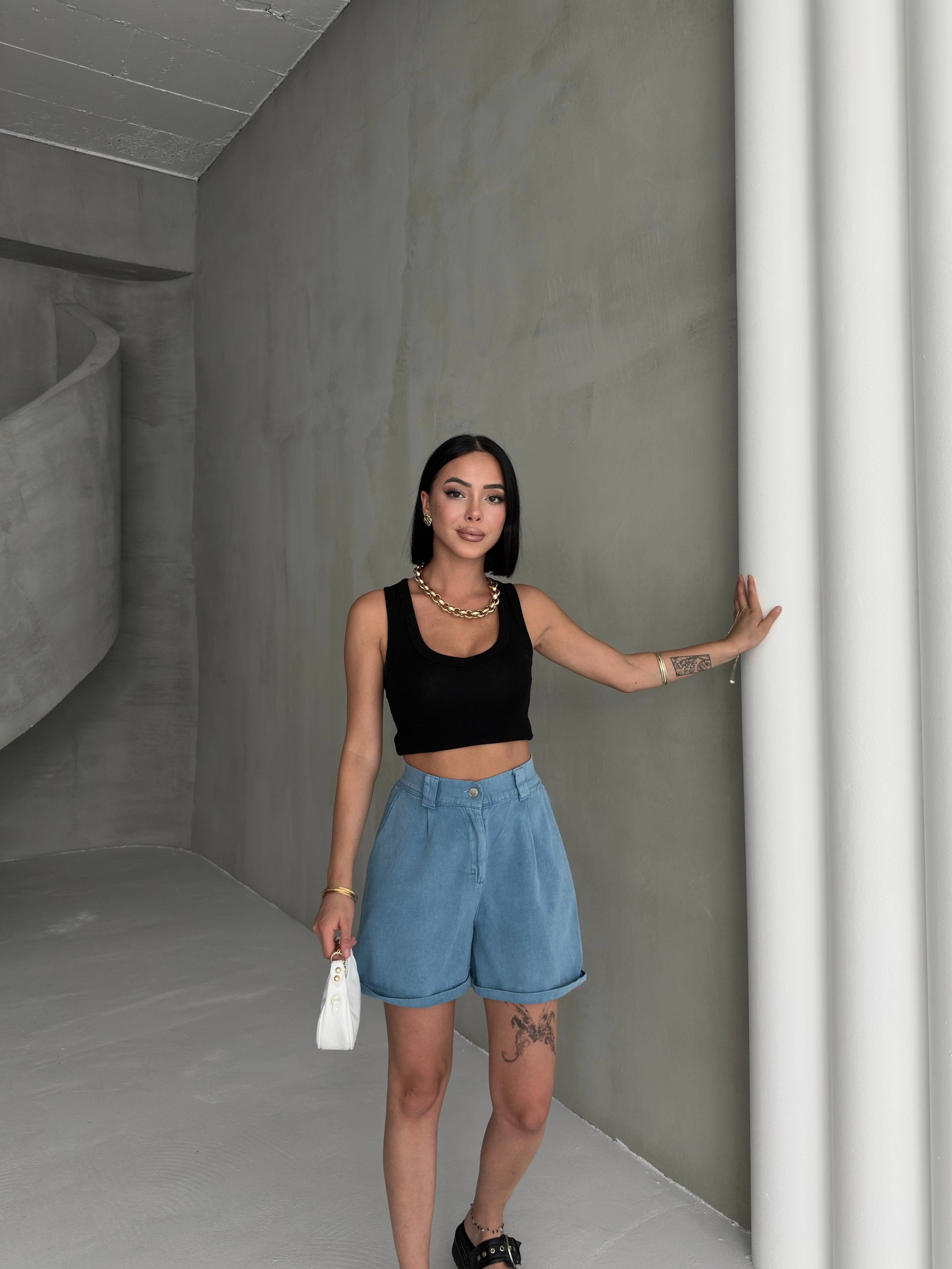 SADE GABARDİN ŞORT - Açık Mavi